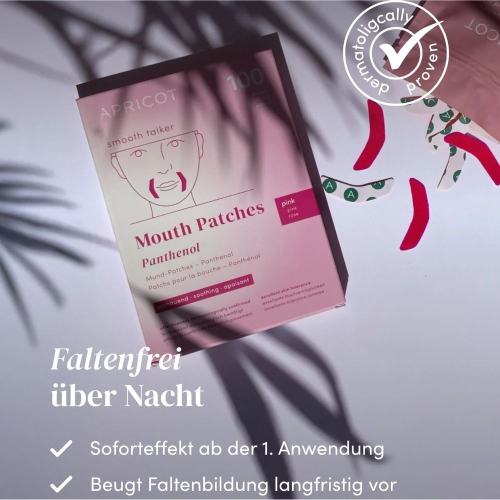 Verpackung APRICOT Mund Patches. 100 Stück. Dermatologisch getestet. Rosa Patches. Text: Faltenfrei über Nacht.