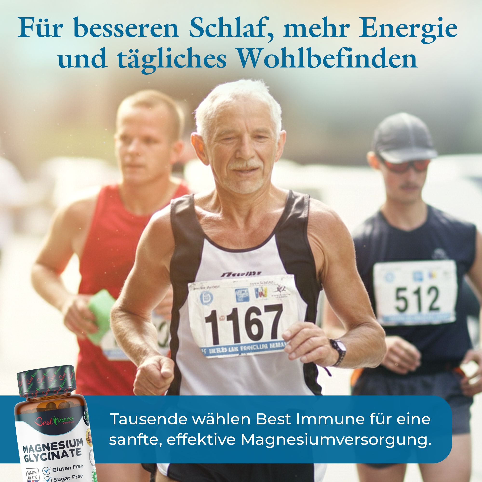 Läufer mit Startnummer 1167, Flasche Magnesiumglycinat im Vordergrund.