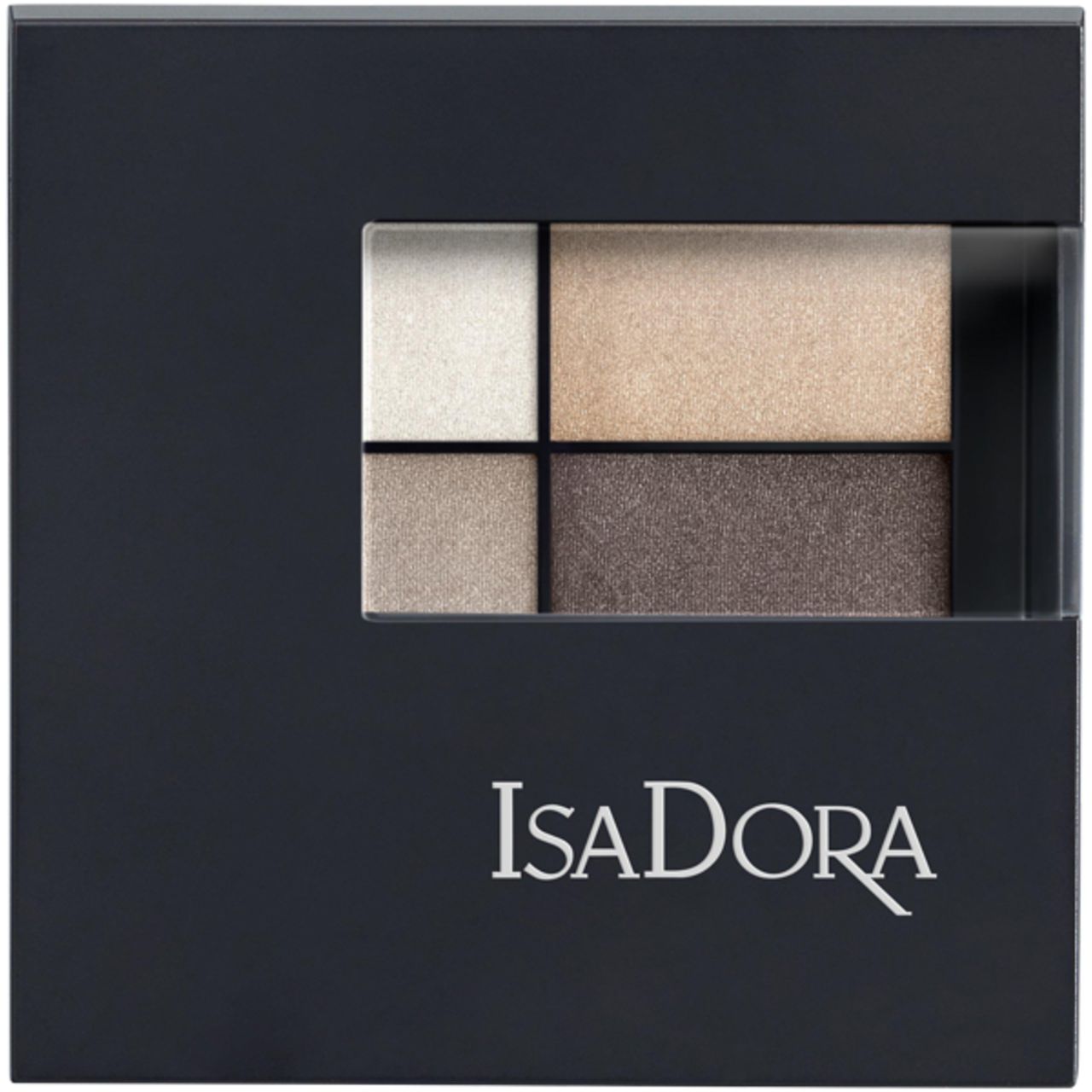 IsaDora Eyeshadow Quartet. Schwarze quadratische Palette mit vier Lidschattenfarben. Markenname unten rechts.