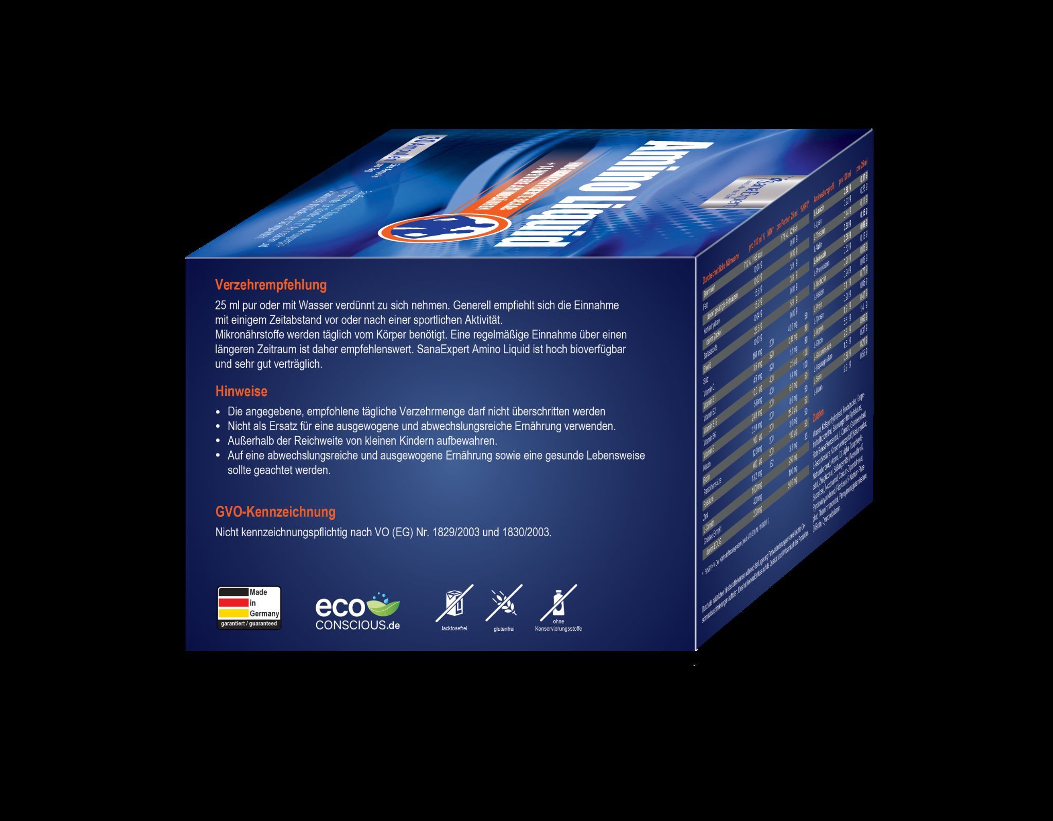 Rückseite der SanaExpert Amino Liquid Verpackung. Enthält Verzehrempfehlung und Hinweise. Mit Öko-Logo und deutscher Flagge.