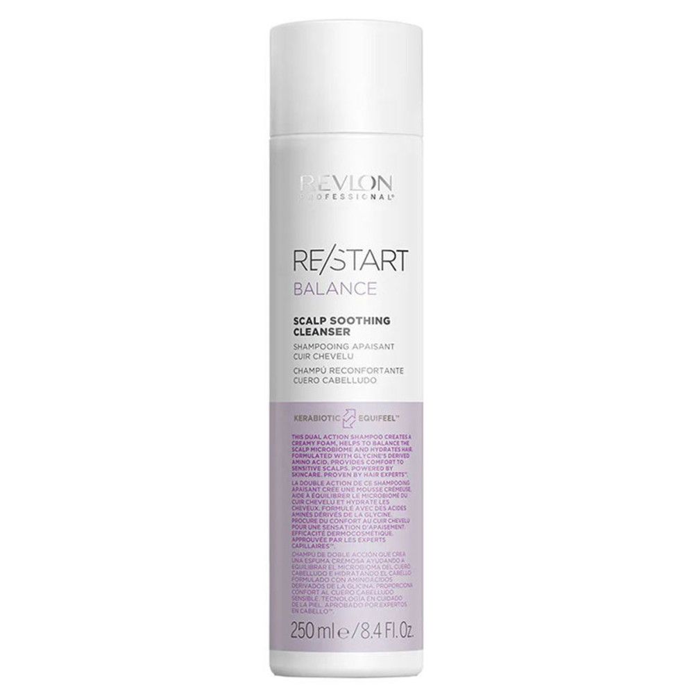 Revlon Re-Start Balance Scalp Soothing Cleanser Flasche. Weißes Etikett mit lila Text und Logo.
