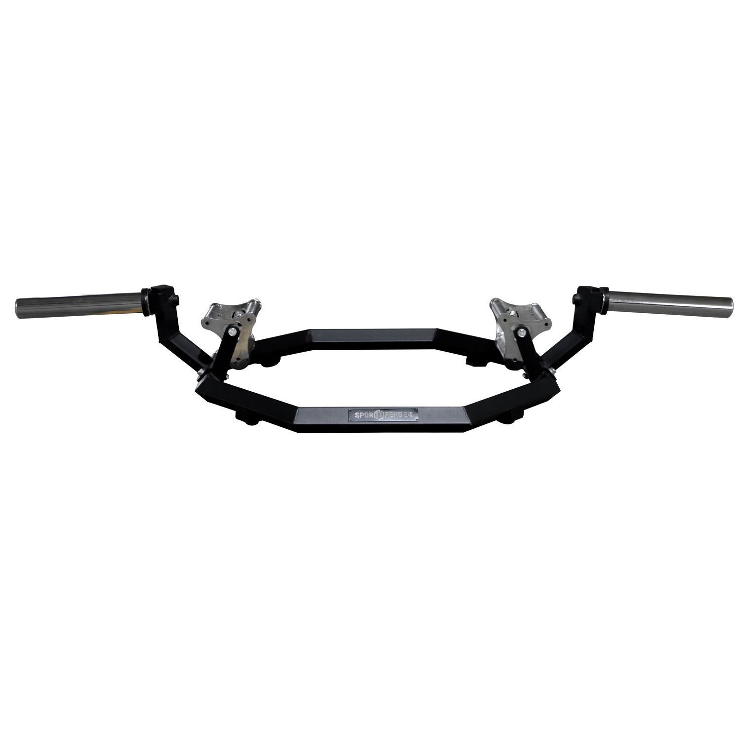 Schwarze Trap Bar mit silbernen Griffen. Achteckiger Rahmen mit Halterungen für Gewichte. Auf weißem Hintergrund.