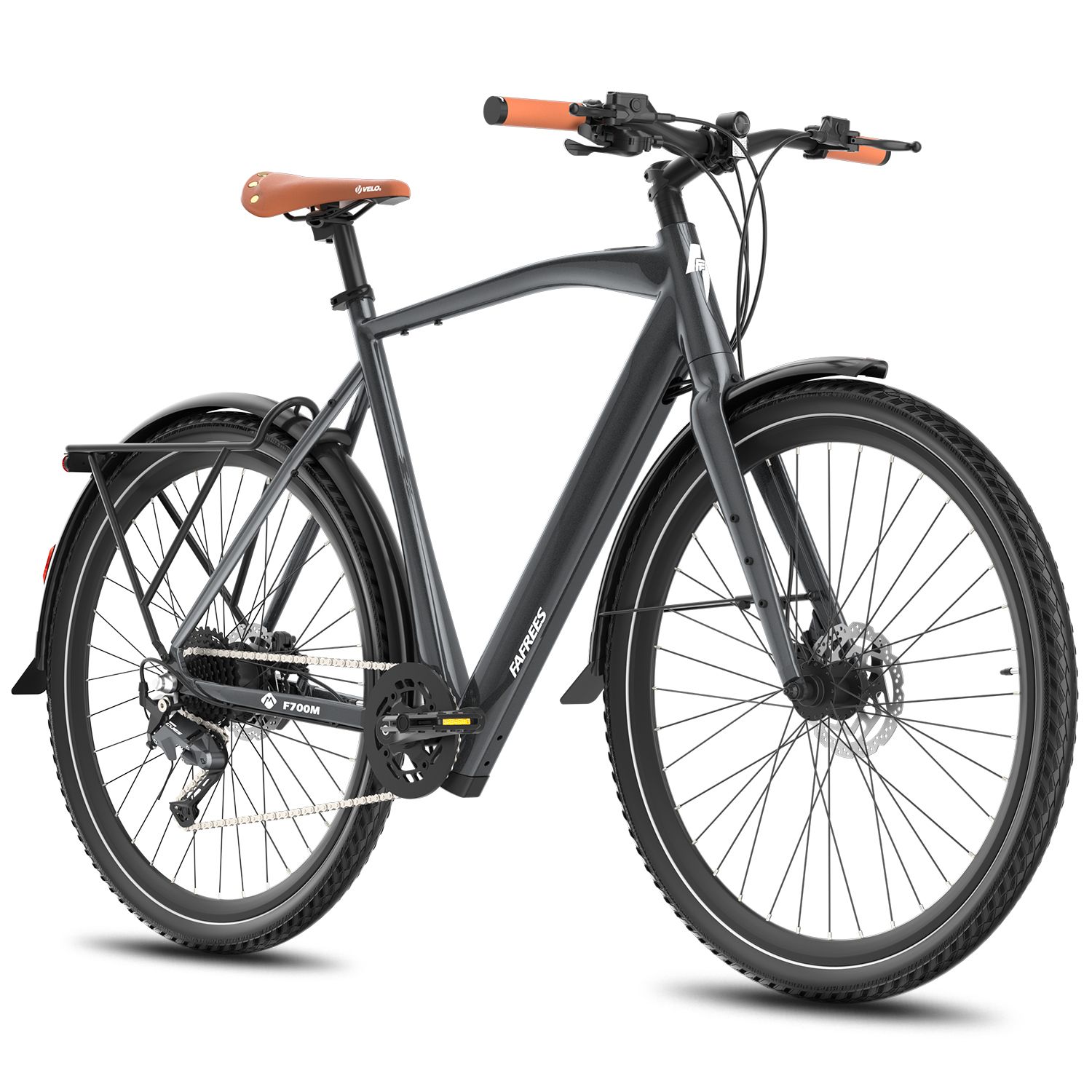 Graues E-Bike mit braunem Sattel und orangefarbenen Griffen. Schwarze Reifen, Schutzbleche. FAFREES-Logo.