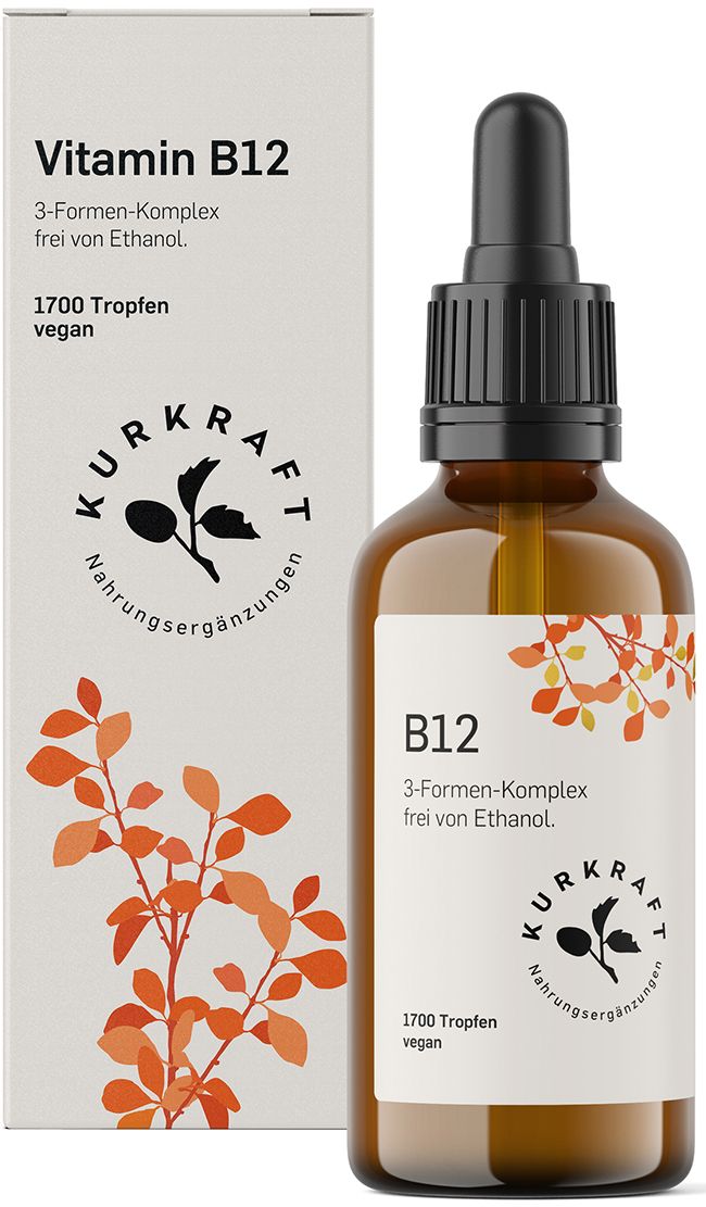 Vitamin B12 Flasche und Verpackung. 3-Formen-Komplex, frei von Ethanol. 1700 Tropfen vegan.