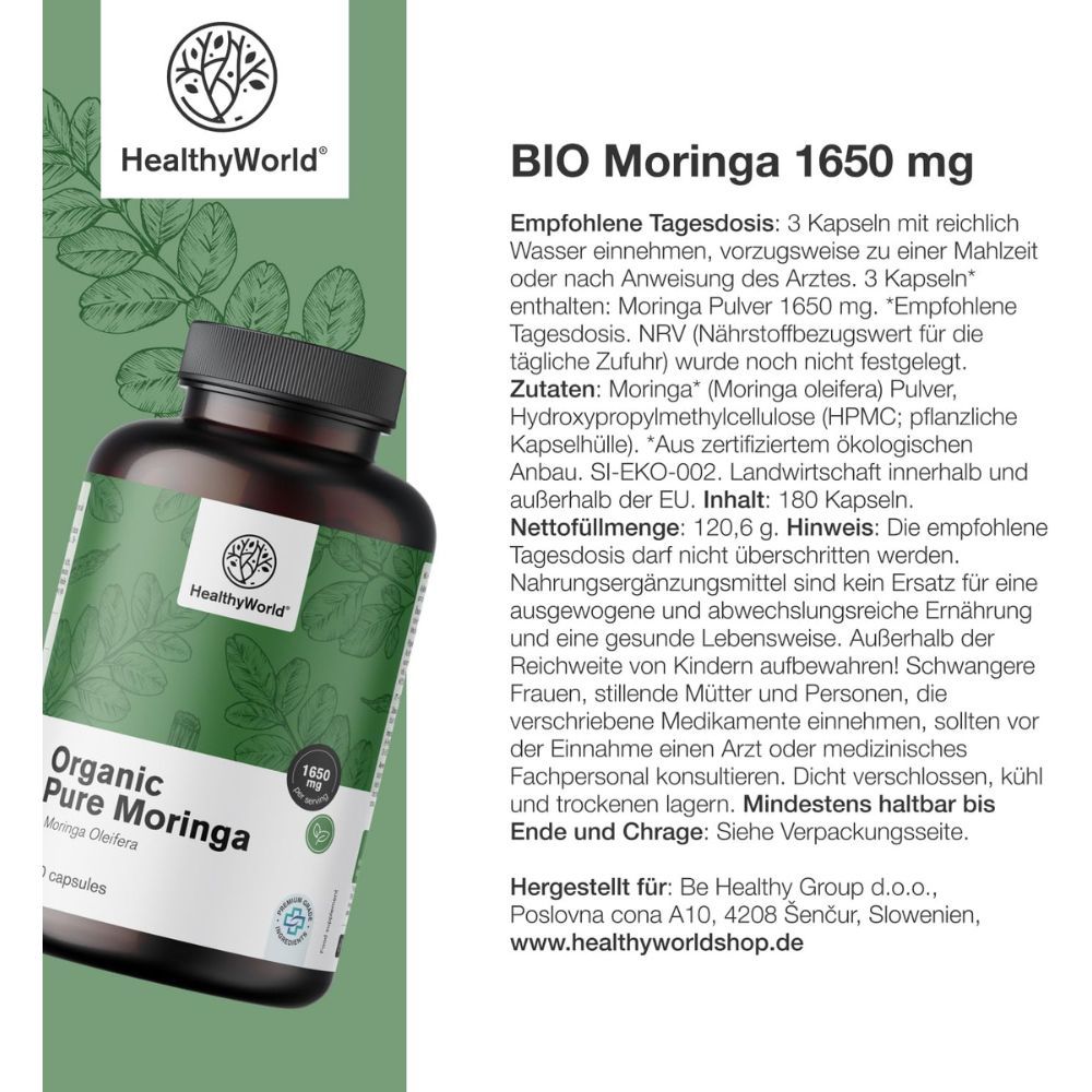 Text: BIO Moringa 1650 mg, 180 Kapseln. Logo: HealthyWorld. Illustrationen: Traditionelle Anwendung, natürliche Inhaltsstoffe, hoher Gehalt.
