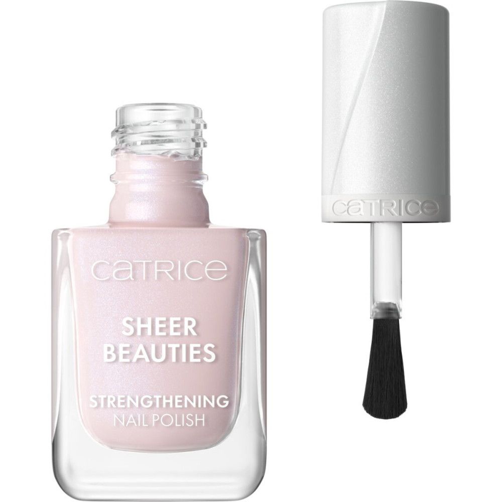 Catrice Sheer Beauties Nagellack, rosa, mit Pinsel und geöffneter Flasche. Text: Strengthening Nail Polish.