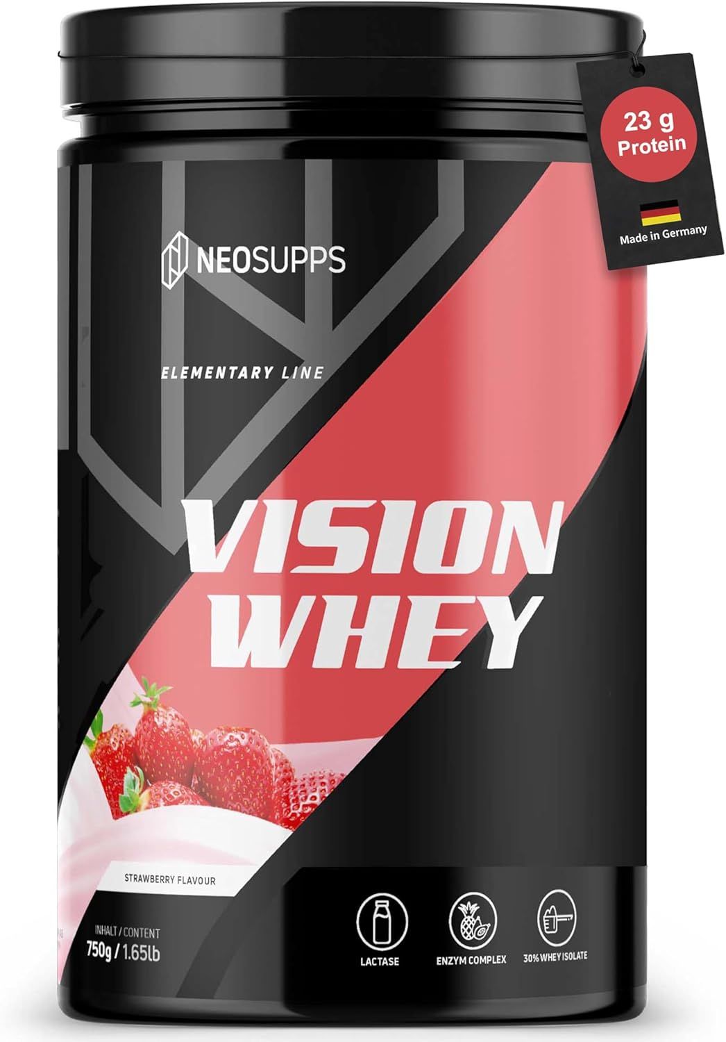 Schwarze Dose mit rotem Etikett, Aufschrift Vision Whey, Erdbeeren. Text: 23 g Protein. Made in Germany. 750g/1.65lb.