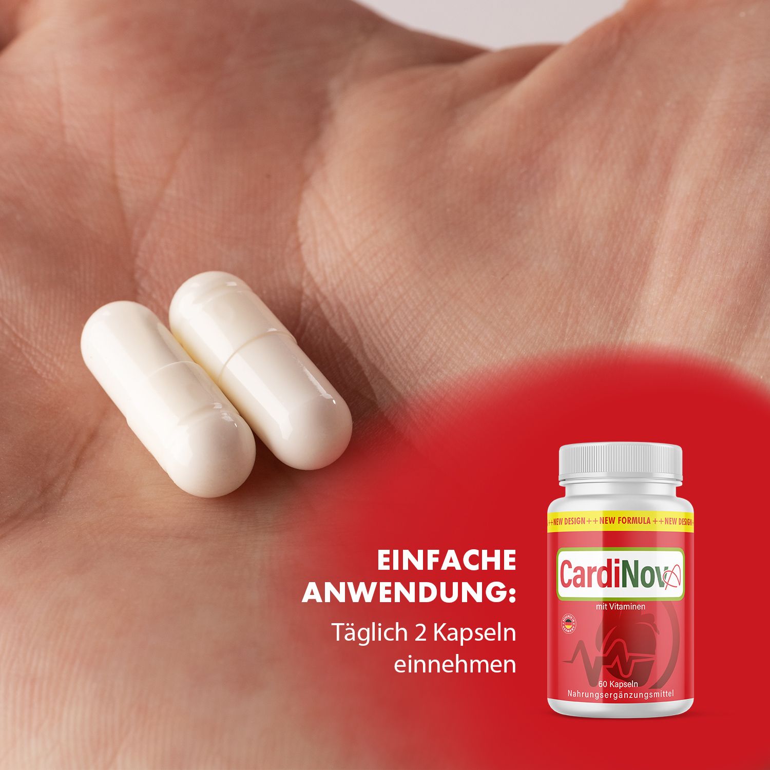 Zwei weiße Kapseln in einer Hand. Daneben eine rote Kapsel-Dose mit weißem Deckel. Aufschrift CardiNova, 60 Kapseln.