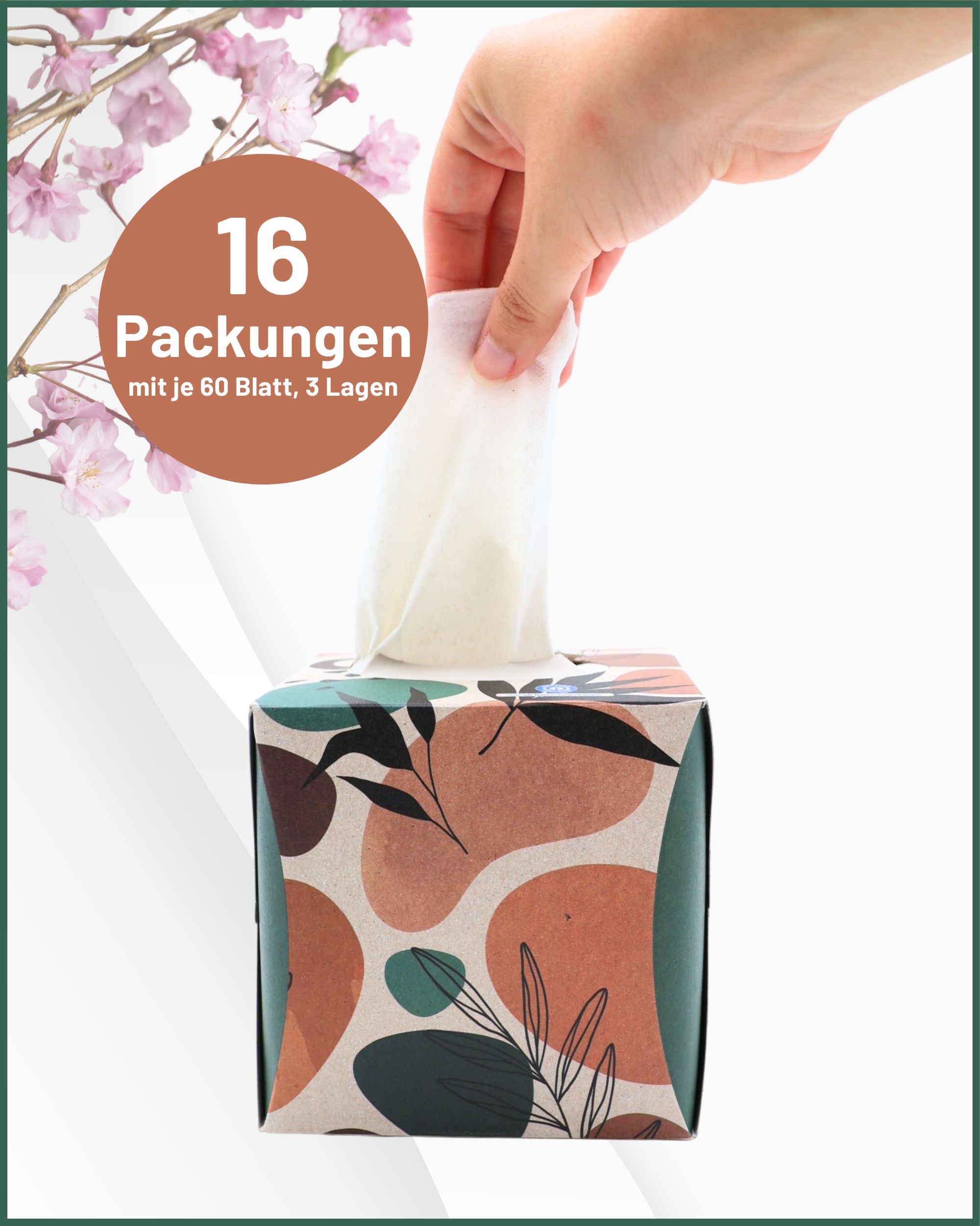 Hand zieht ein oecolife Kosmetiktuch aus einer Packung mit floralem Design.