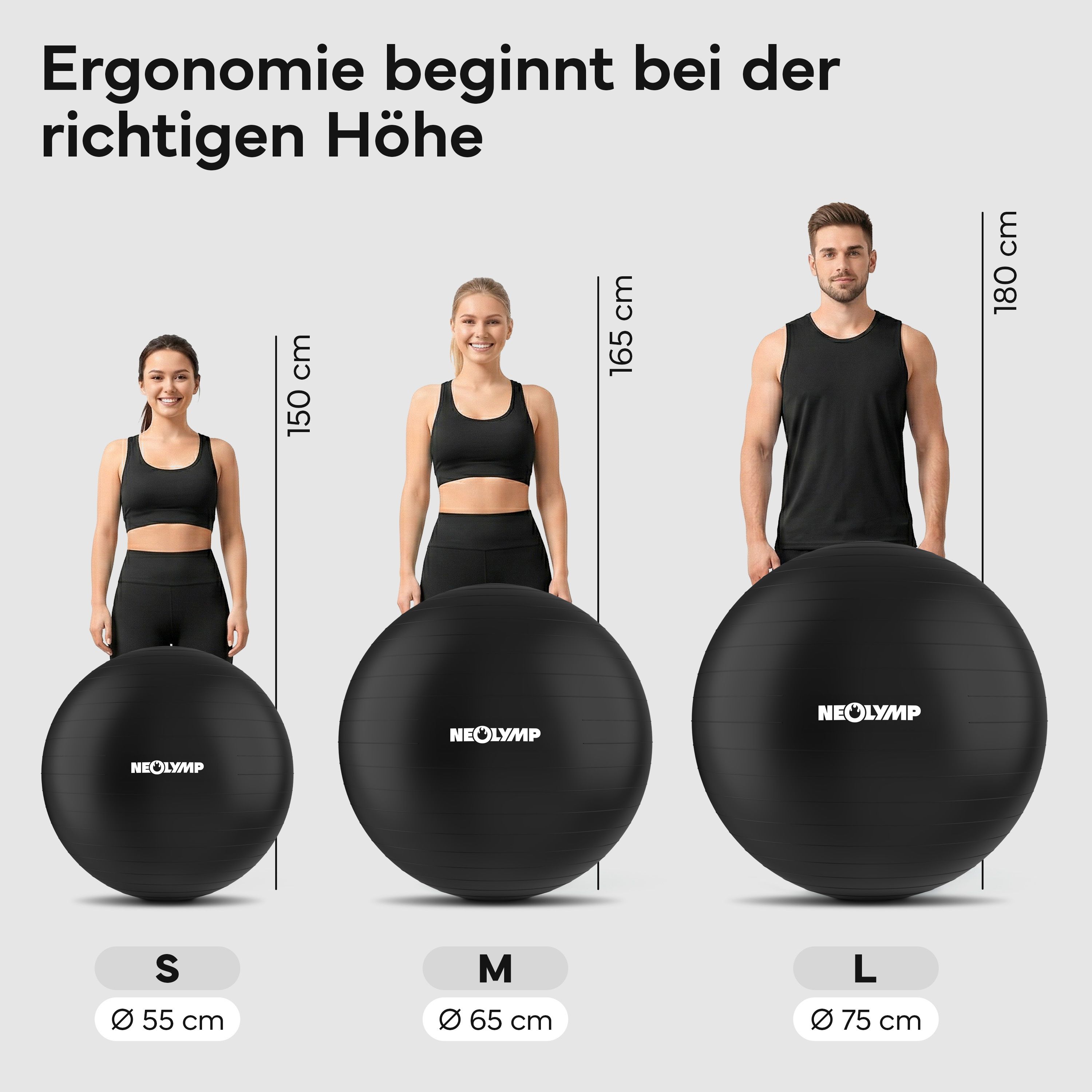 Größenvergleich von Gymnastikbällen (S, M, L) mit Körpergrößenangaben.
