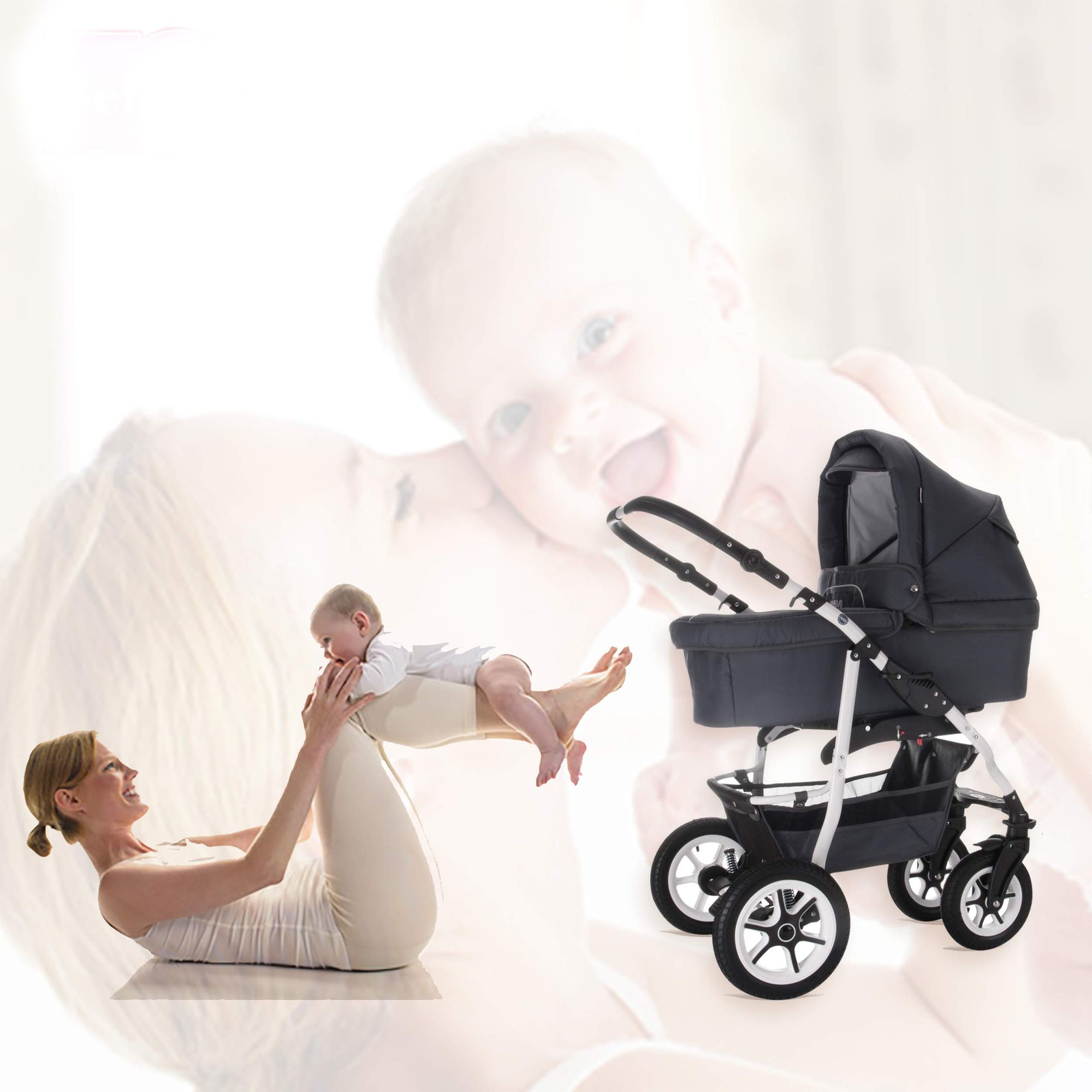 Kombikinderwagen Bellagrey, dunkelblau, neben einer Frau und einem Baby. Vier Räder, weißes Gestell.