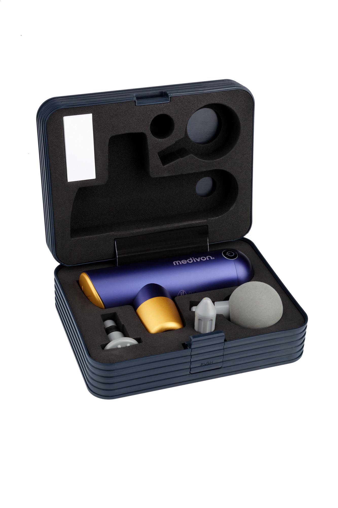Blaues Etui mit Massagepistole und Zubehör: Aufsätze, Ladegerät. Innenfutter aus Schaumstoff. Auf der Pistole steht "medivon".