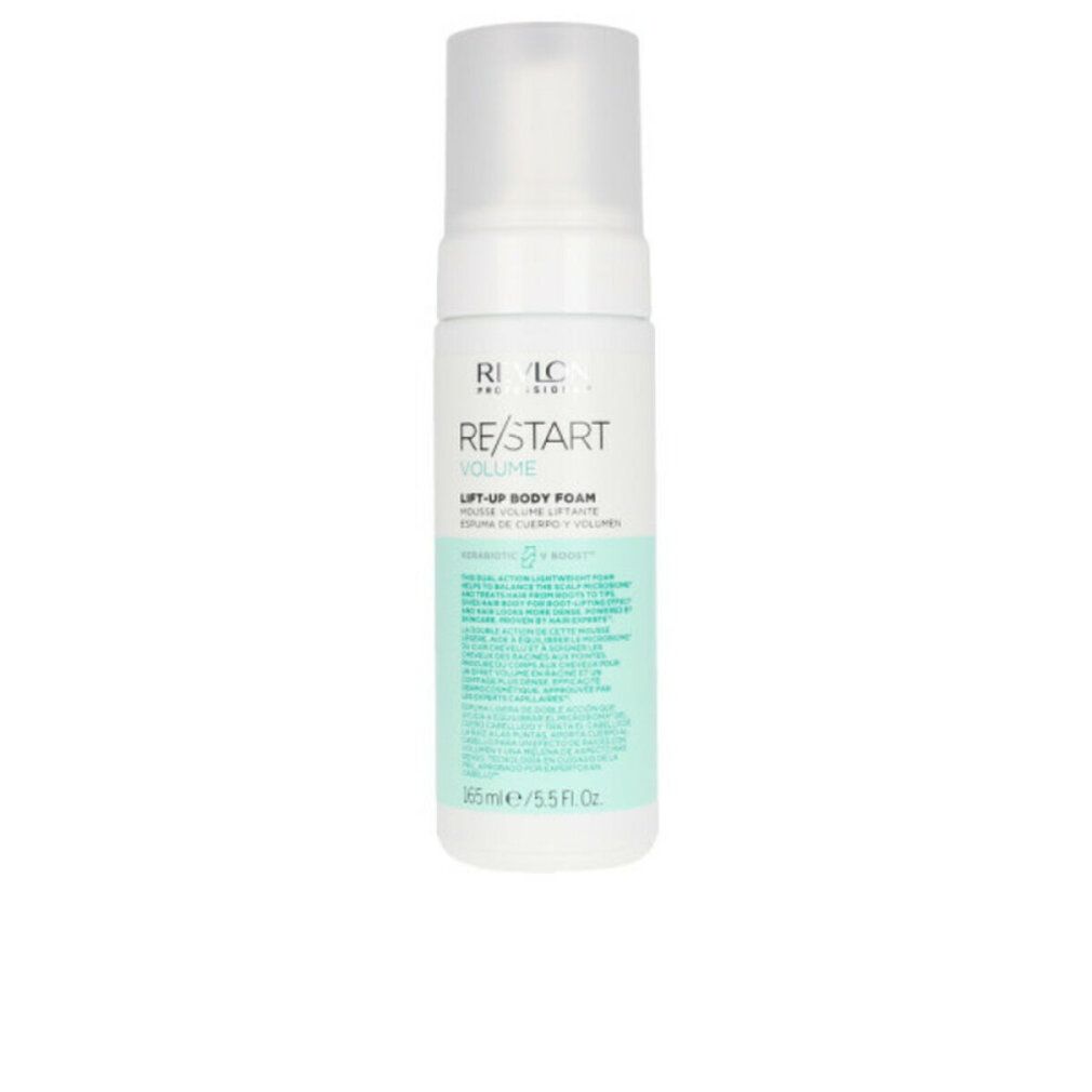 Weißes Produkt mit Sprühkopf. Aufschrift: RE/START VOLUME LIFT-UP BODY FOAM. Text in Englisch, Spanisch und Französisch. 165ml/5.5 Fl.Oz.