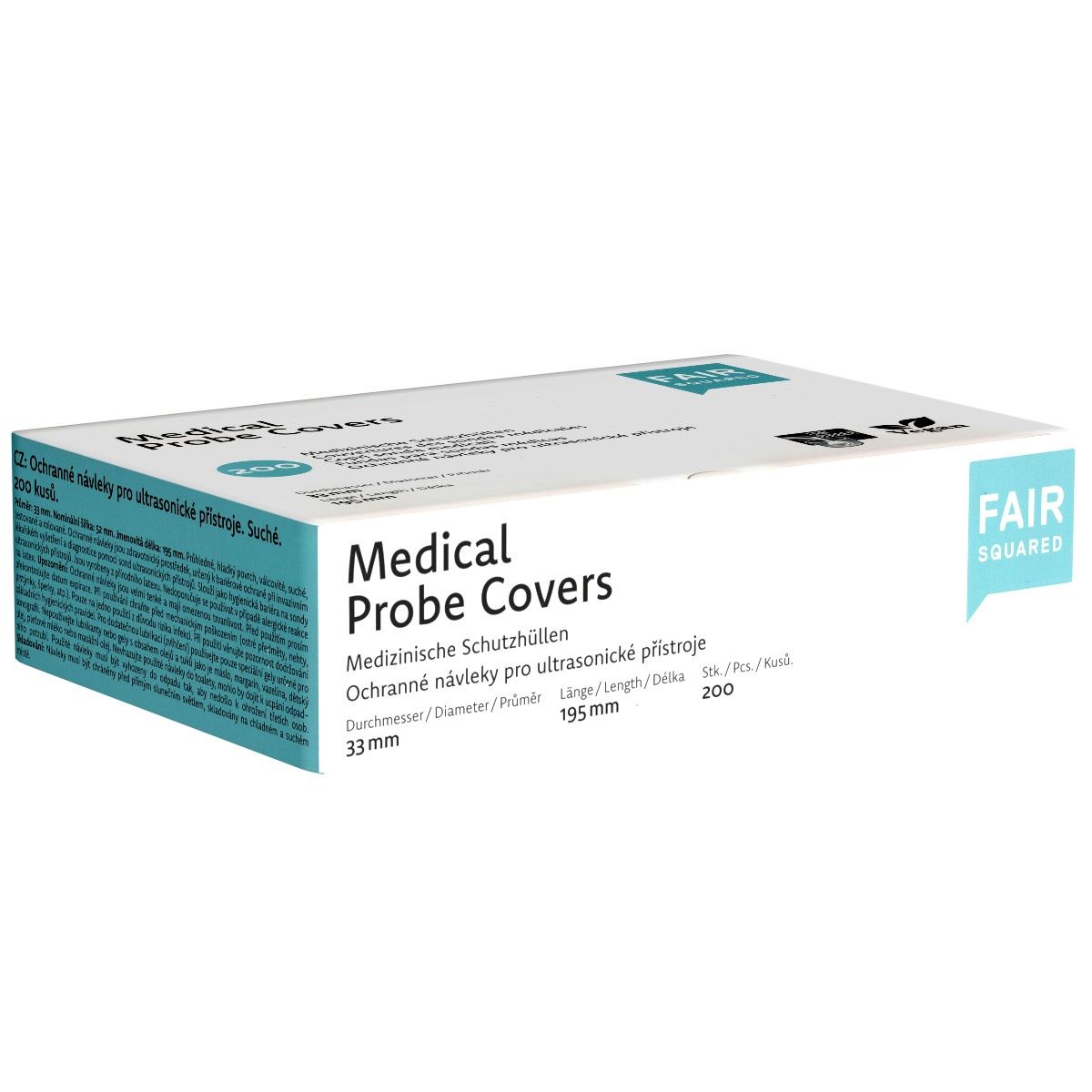 Verpackung mit "Medical Probe Covers". Durchmesser 33mm, Länge 195mm. Marke: FAIR SQUARED. 200 Stück.