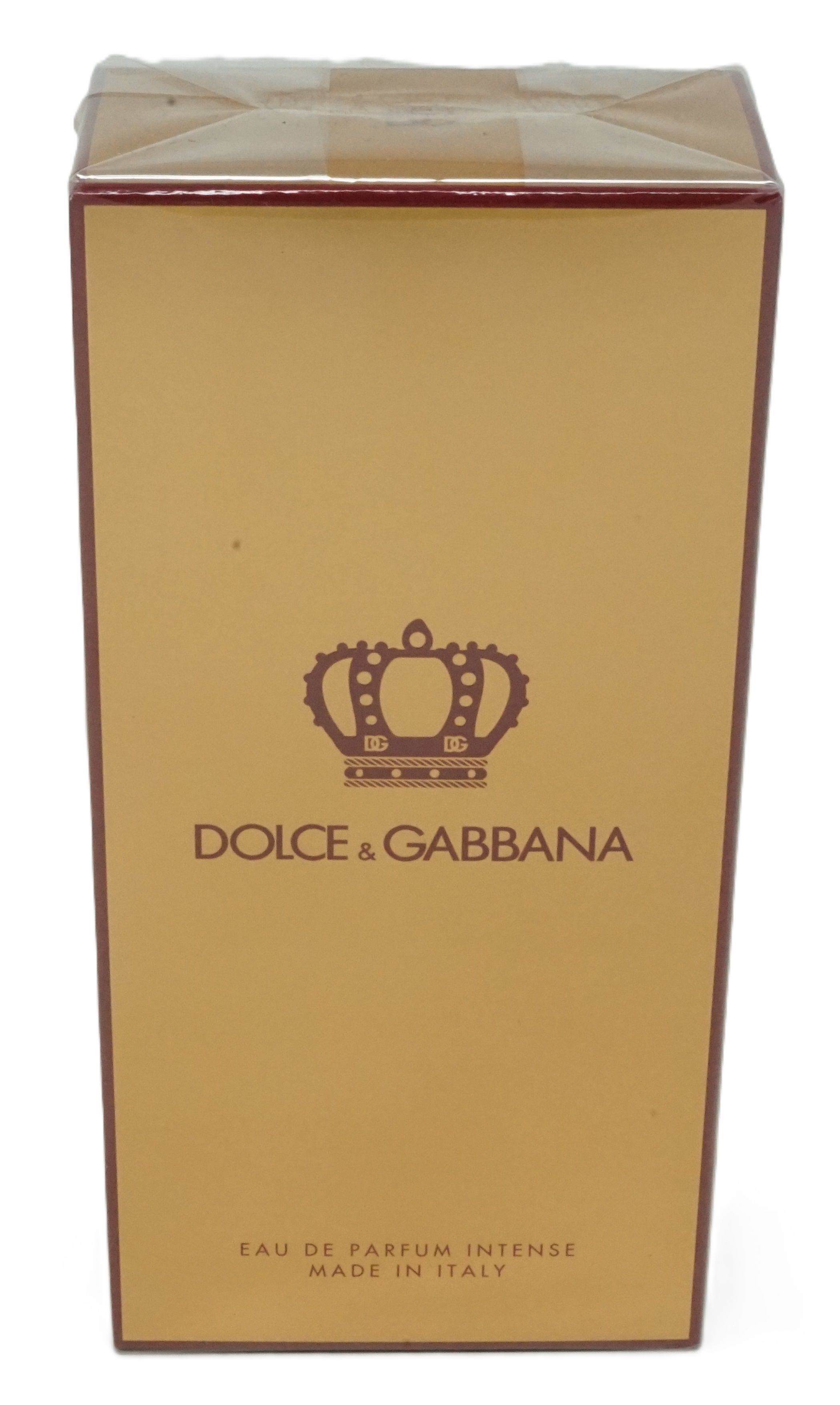 Goldfarbene Verpackung mit braunem Kronenlogo und Schriftzug DOLCE & GABBANA. Aufschrift: Eau de Parfum Intense, Made in Italy.