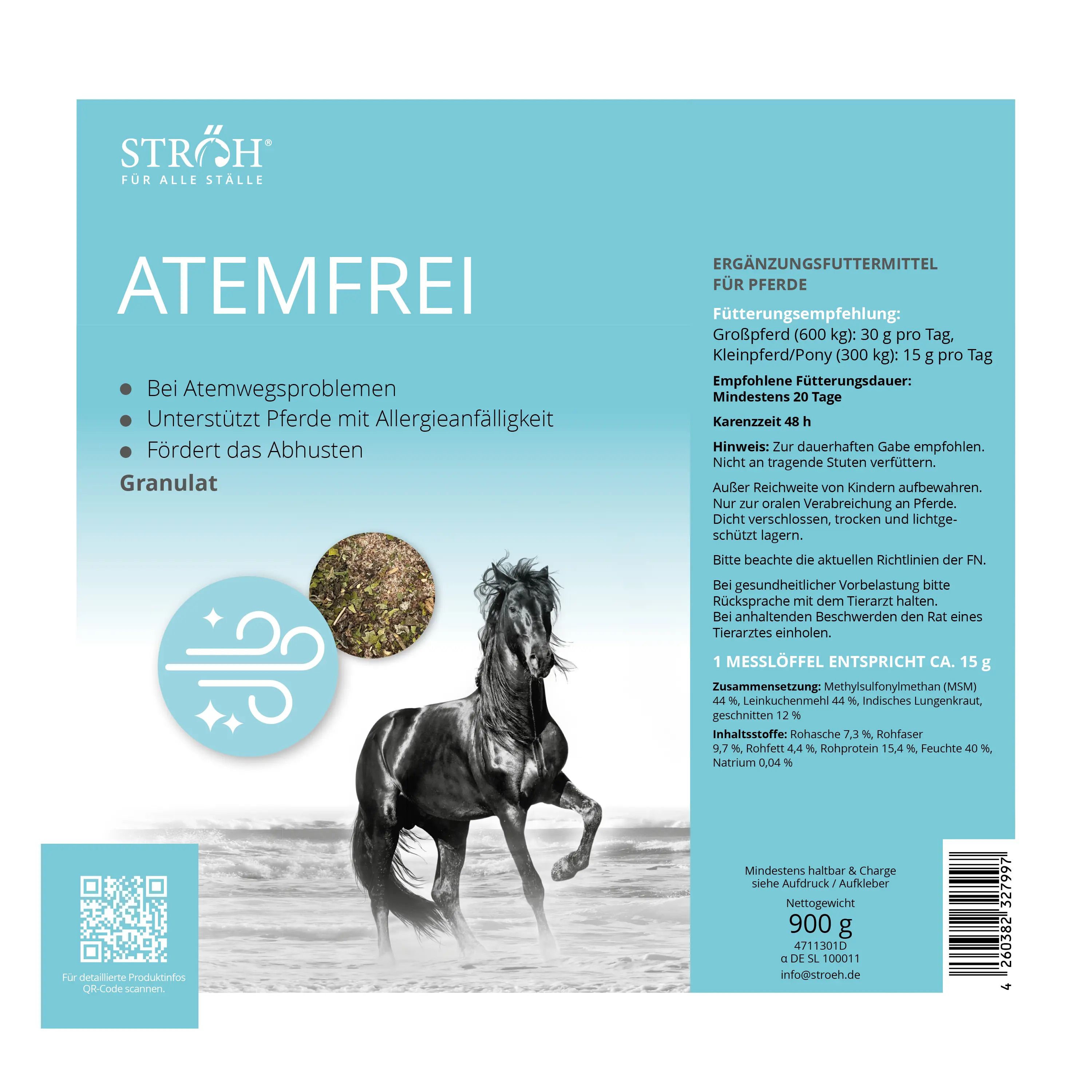 Rechteckige Verpackung mit blau-weißem Etikett. Aufschrift: ATEMFREI. Logo: Pferd. Text: Ergänzungsfuttermittel für Pferde. 900 g.