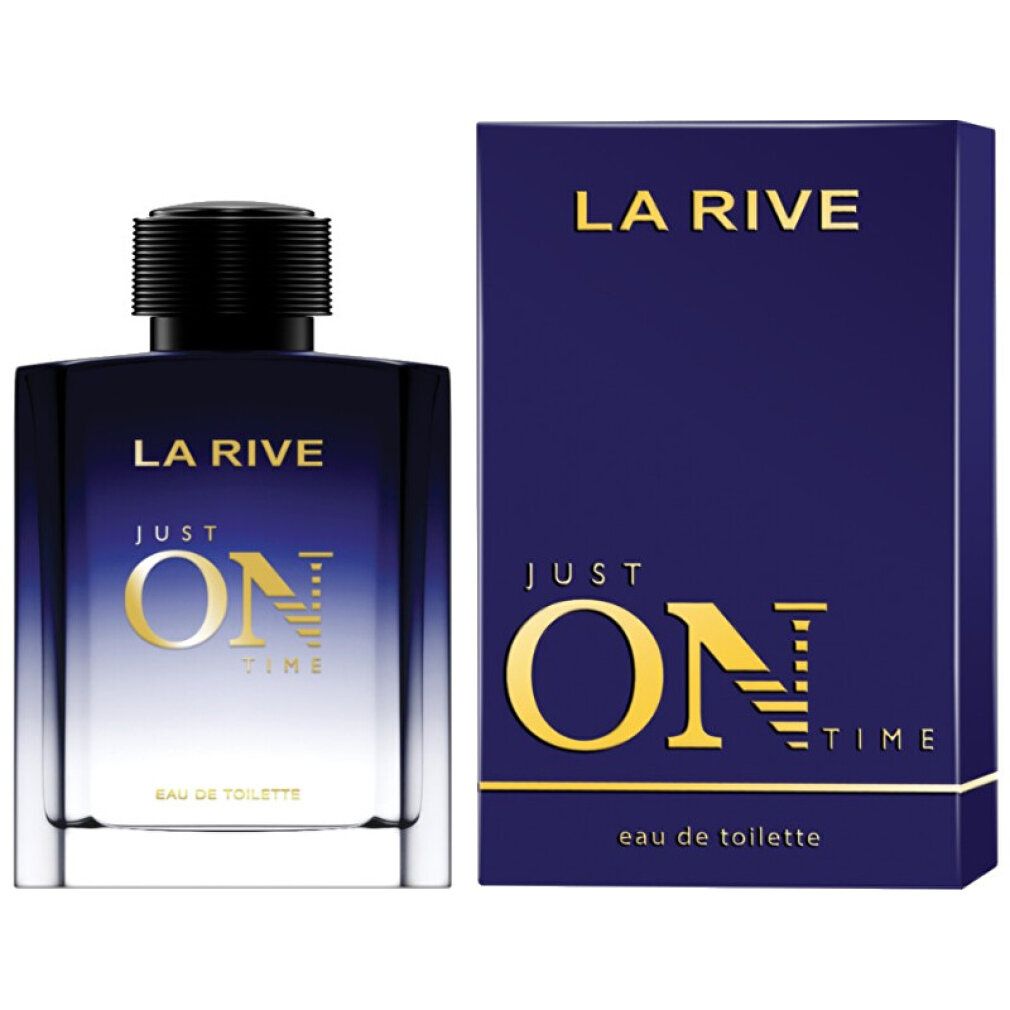 Dunkelblaue Flasche und Schachtel. Aufschrift: LA RIVE, JUST ON TIME, eau de toilette. Gelbe Schrift.