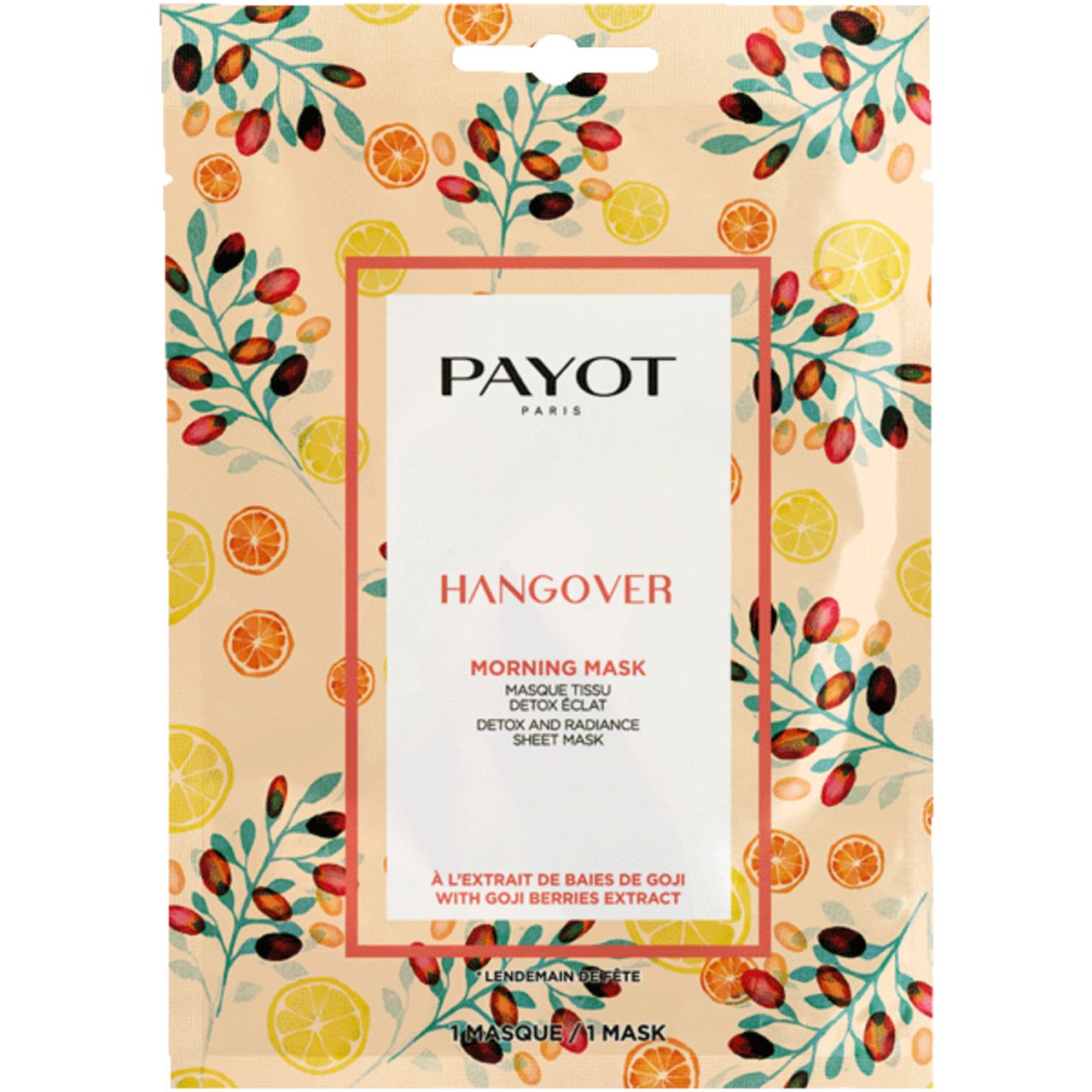 Payot Hangover Gesichtsmaske. Beutel mit floralem Muster und Produktbezeichnung. Text: Morning Mask, Detox & Radiance.
