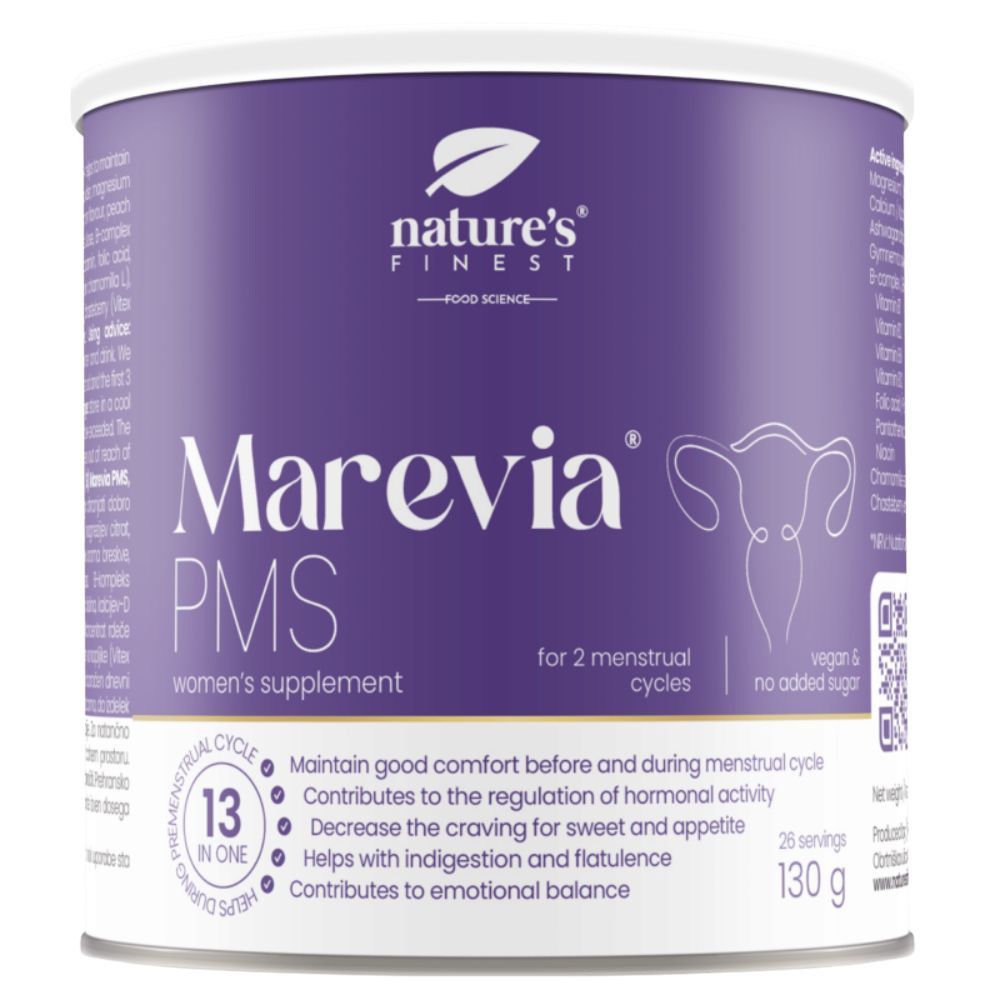 Runde Dose mit lila Etikett. Aufschrift Marevia PMS, Nature's Finest. Enthält 130g Pulver für 2 Zyklen. Vegan, ohne Zuckerzusatz.