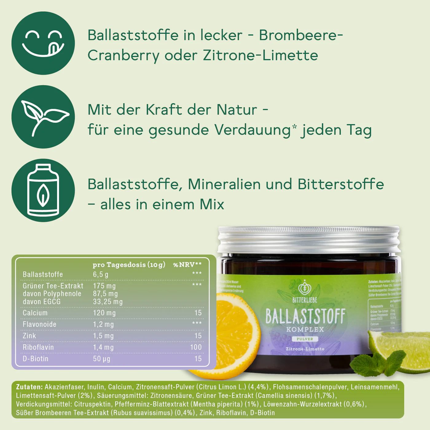Produkt-Dose, Zitrone, Limette. Text: Ballaststoffe in Brombeere-Cranberry oder Zitrone-Limette. Inhaltsstoffe, Nährwerttabelle, BitterLiebe-Logo.