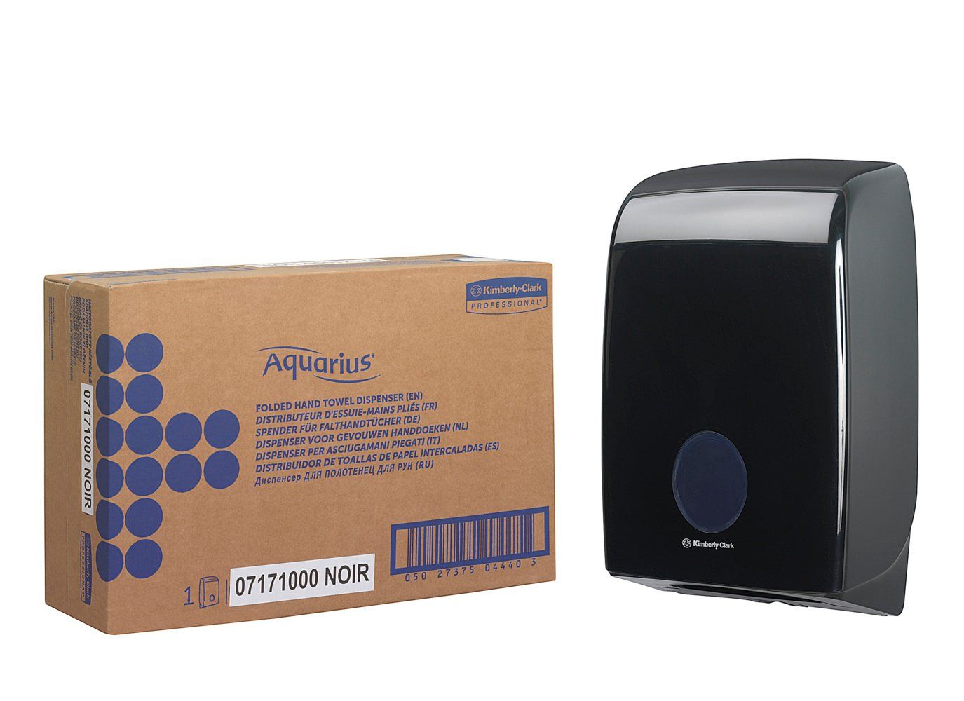 Schwarzer Handtuchspender und Karton. Karton mit "Aquarius" und Produktinformationen. Spender mit rundem Knopf.