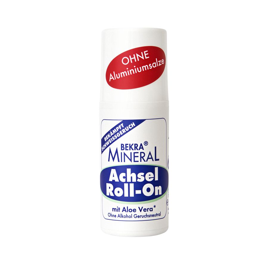 Weißer Roll-On-Deo-Behälter. Aufschrift: BEKRA MINERAL Achsel Roll-On. Ohne Aluminiumsalze. Mit Aloe Vera.