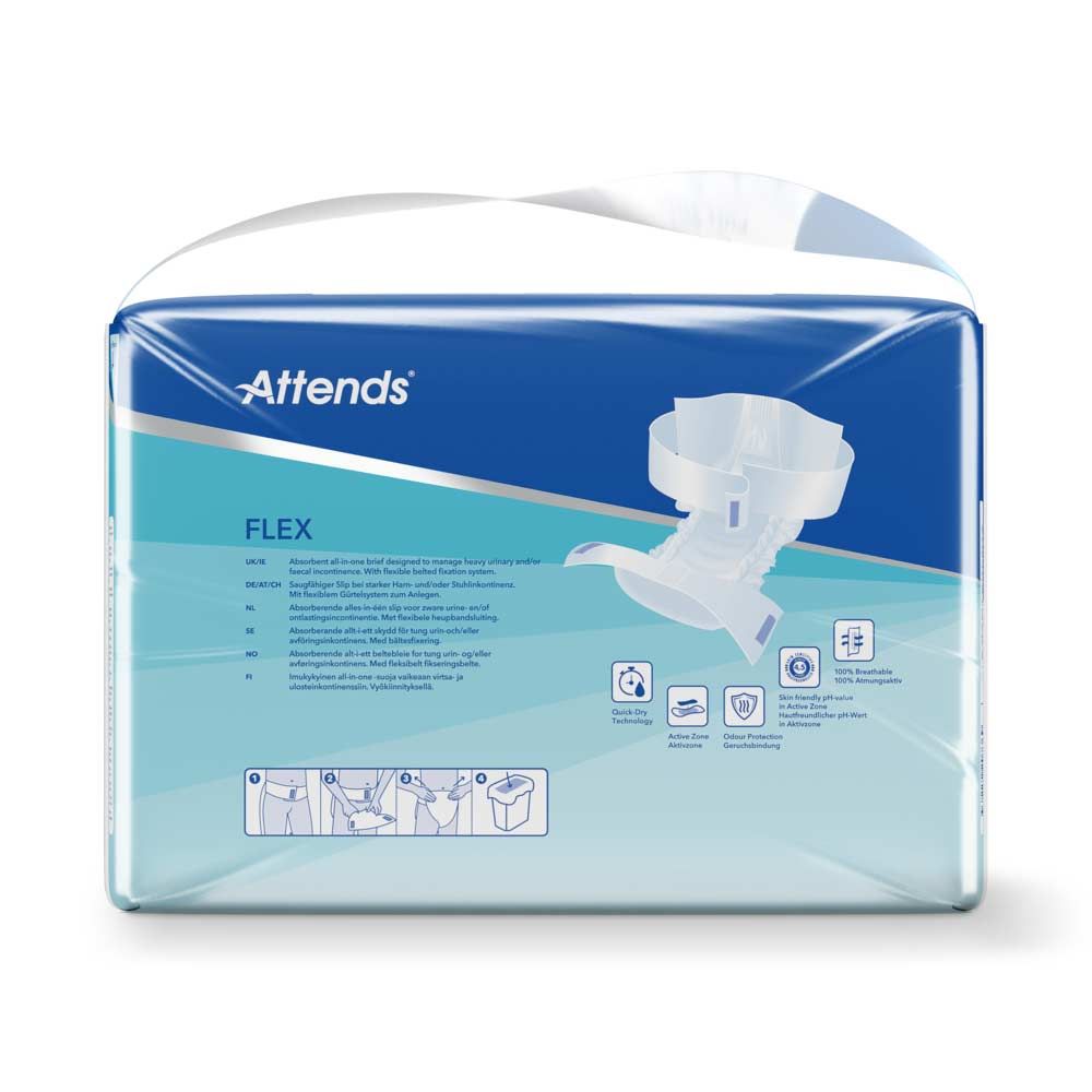 Attends Flex 8 XL-Windelpackung. Produktbezeichnung, Größe und Piktogramme. Verpackung mit Produktinformationen und Logo. Hellblauer Hintergrund.