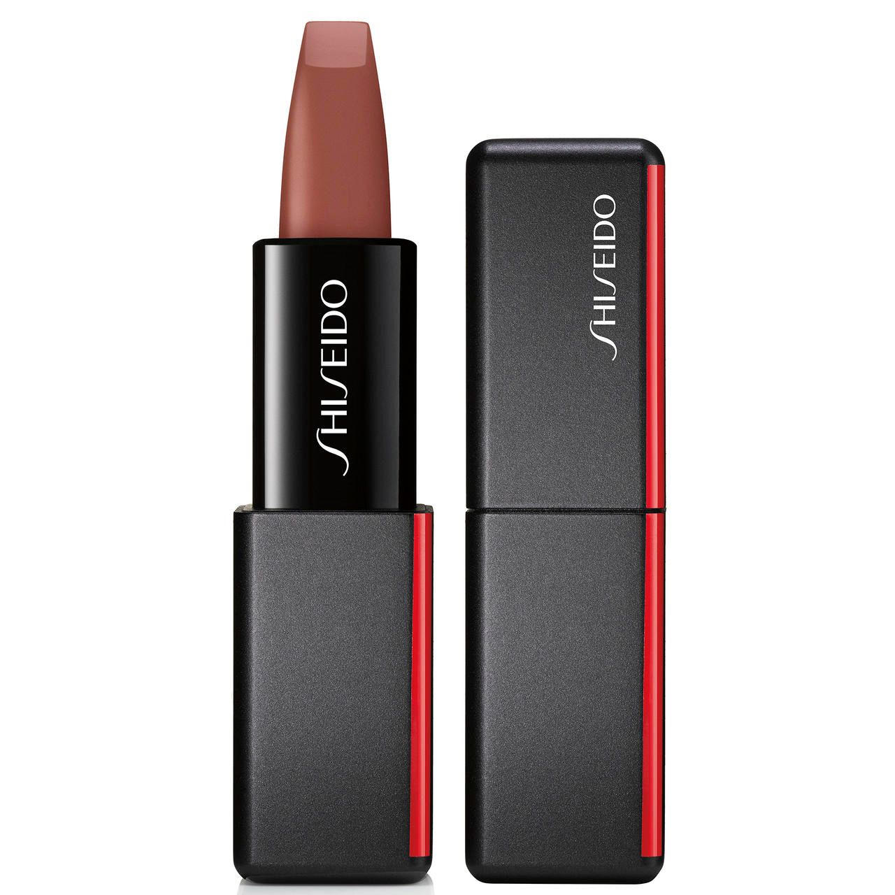Lippenstift mit geöffneter Kappe und separater Kappe. Schwarzer Behälter mit rotem Akzent und Shiseido-Logo.