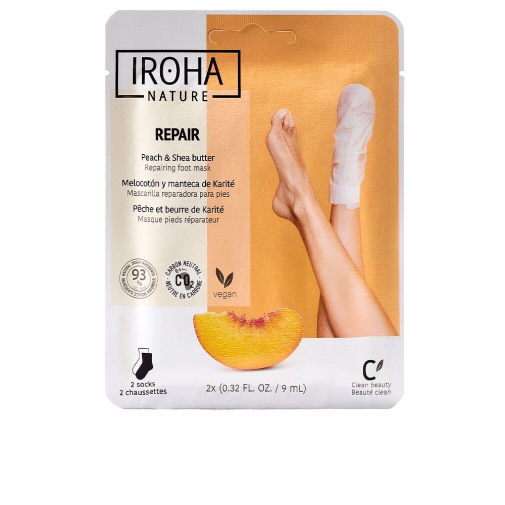 Reparierende Fußmaske in Verpackung. Marke IROHA. Pfirsich- und Sheabutter. Text: 2 Socken, vegan, CO2 neutral, Clear Beauty Clean.