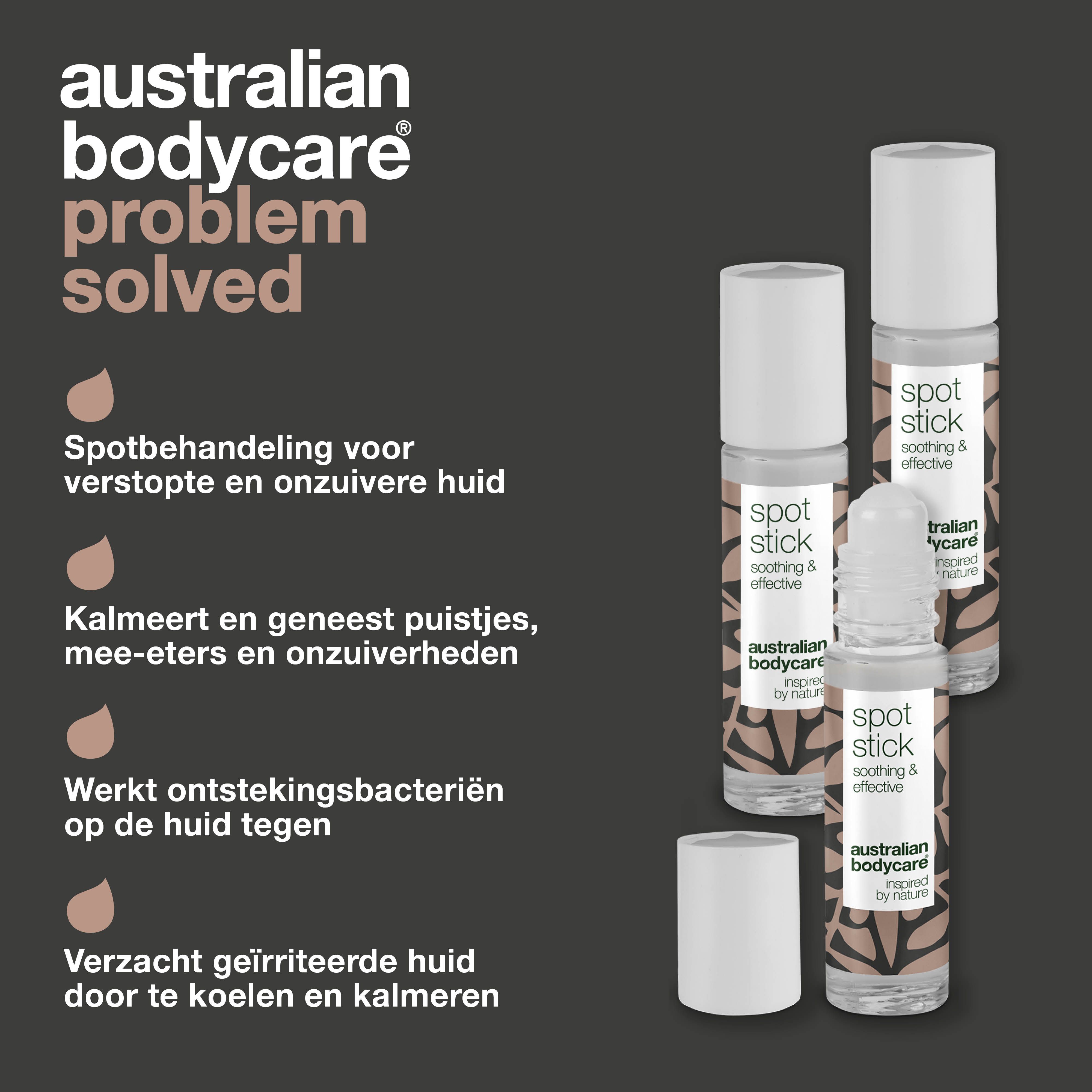 Drie Spot Stick-flessen. Opschrift: Spot Stick, Australian Bodycare. Tekst: Eerste hulp bij puistjes.