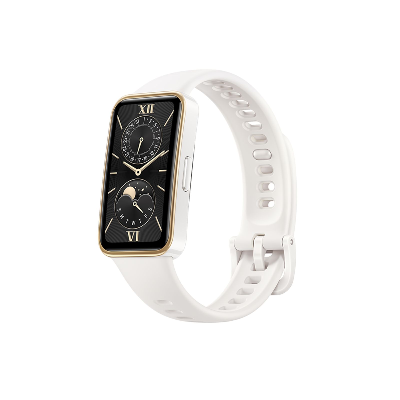 Fitness-Tracker, weißes Armband, goldener Rahmen. Schwarzes Display mit Zifferblatt.