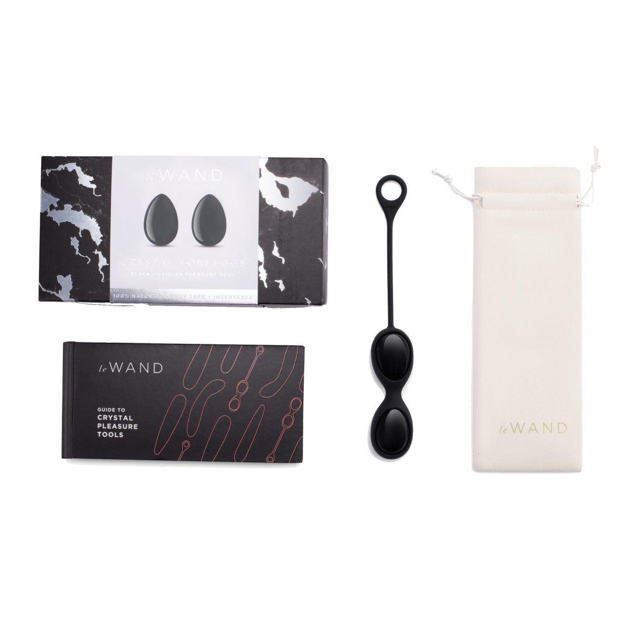 Set: Yoni-Eier, Beutel, Buch. Yoni-Eier mit Verbindungsstück. Buch: Le Wand.