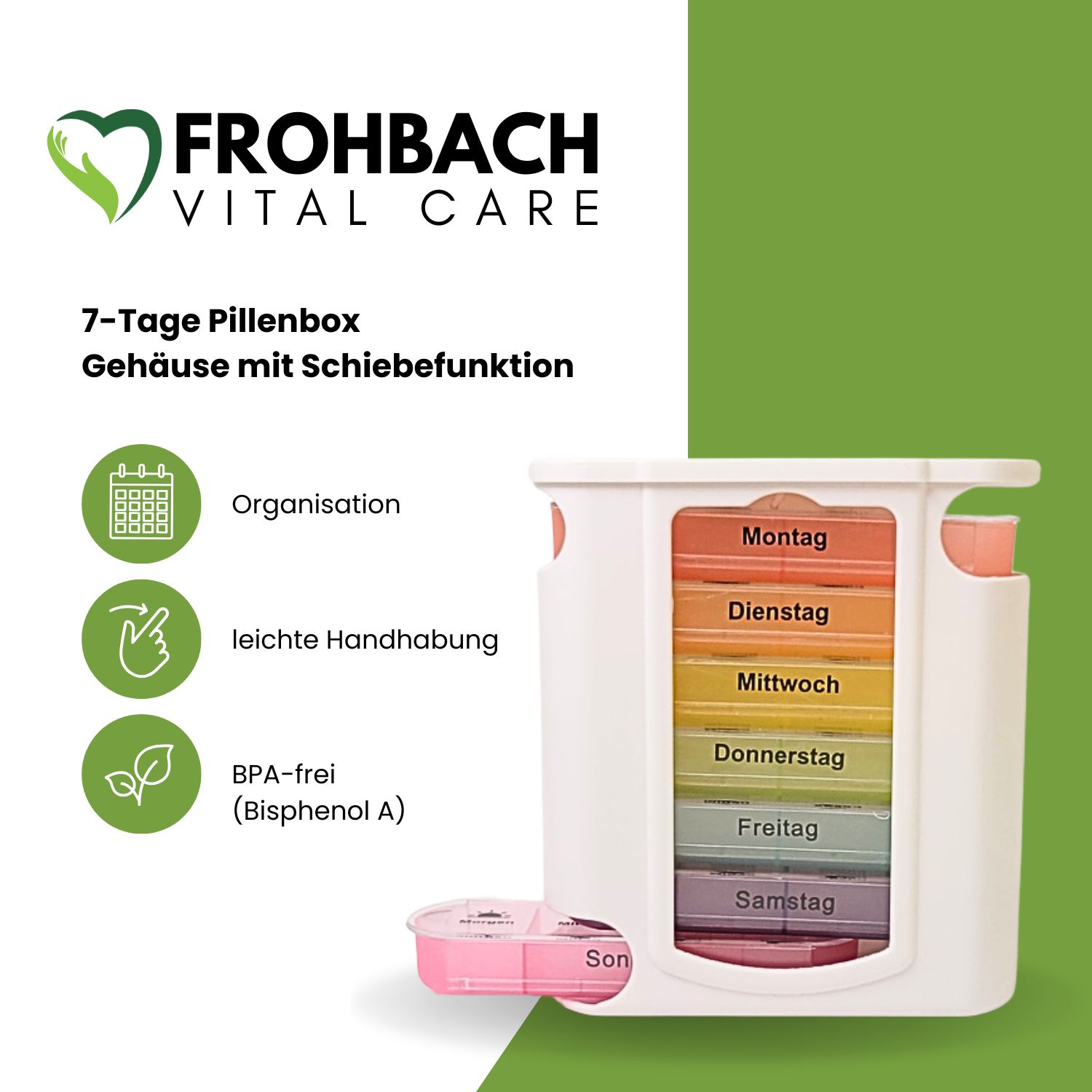 Weiße Frohbach 7-Tage-Pillenbox mit 7 farbigen Fächern. Text: Organisation, leichte Handhabung, BPA-frei.