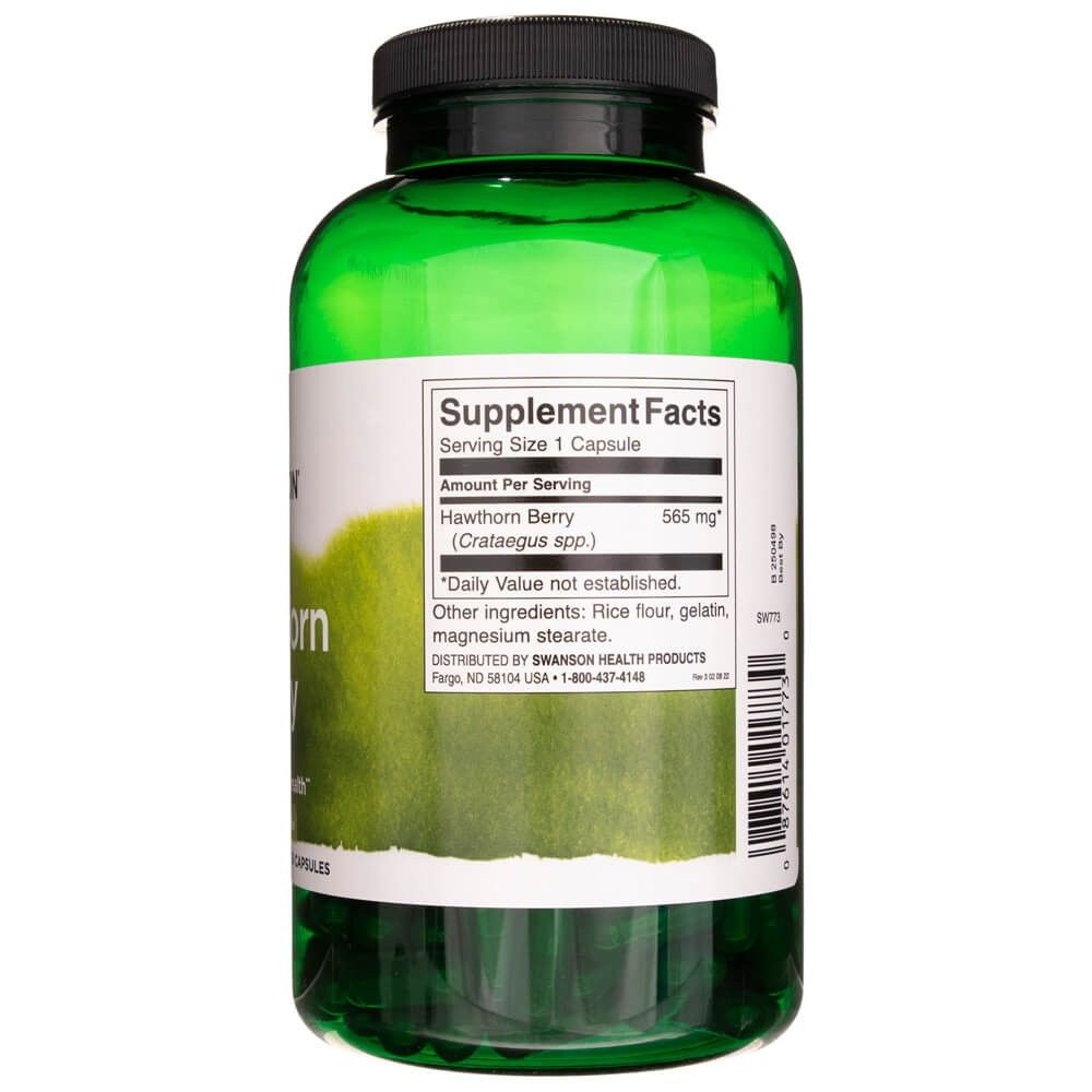 Rückseite der Dose mit Nährwertangaben für Swanson Weißdornbeere, 565 mg pro Kapsel.