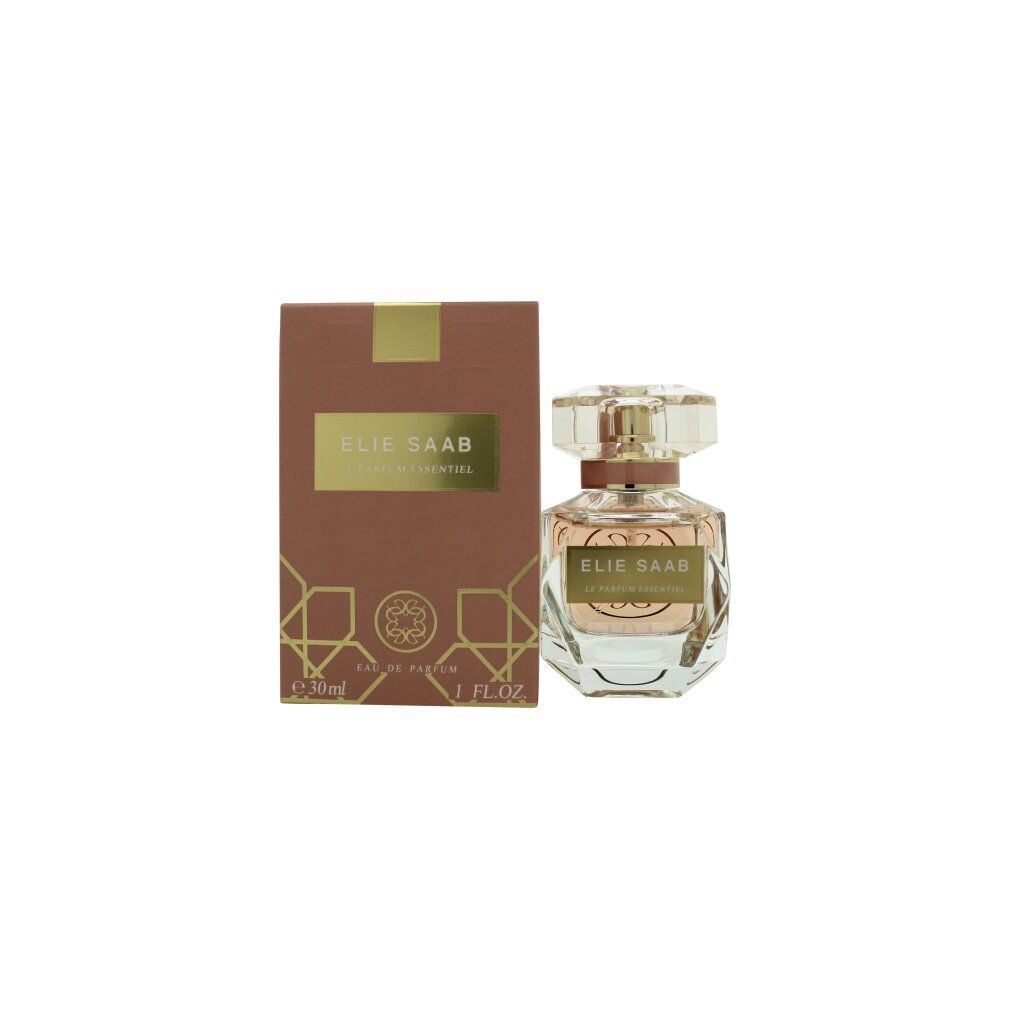 Parfümflakon und Verpackung. Flakon mit rosa Flüssigkeit. Braune Verpackung mit goldenem Etikett.