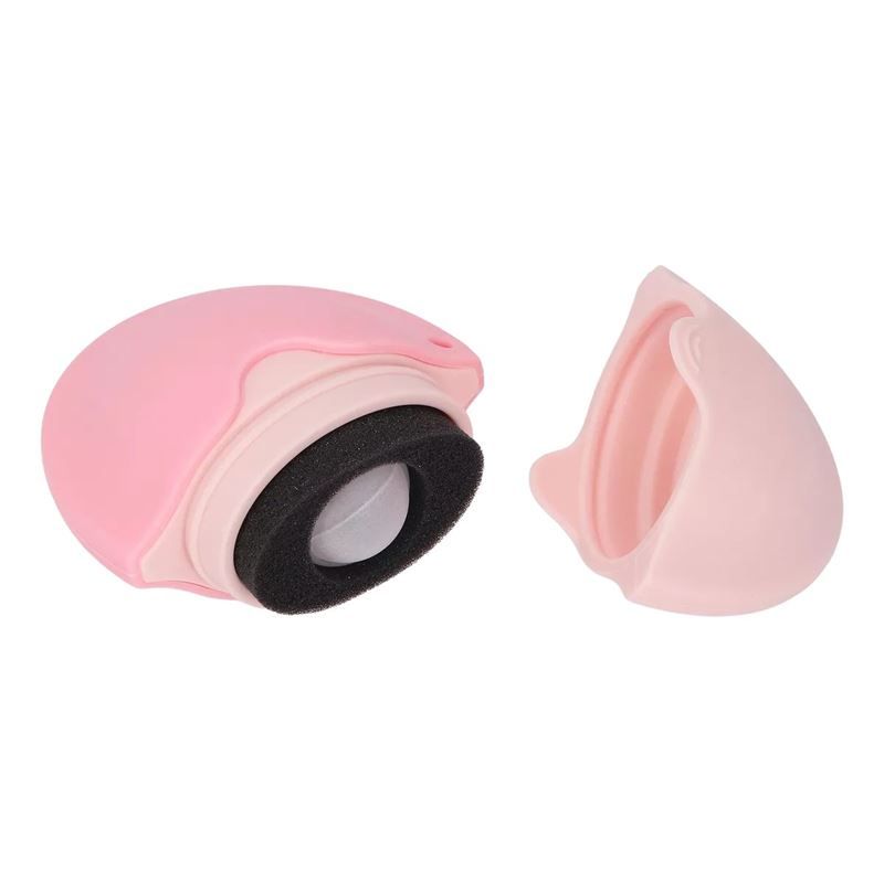 Rosa, ovales Produkt, geöffnet. Schwamm und Roller sichtbar. Zwei rosa Teile getrennt.