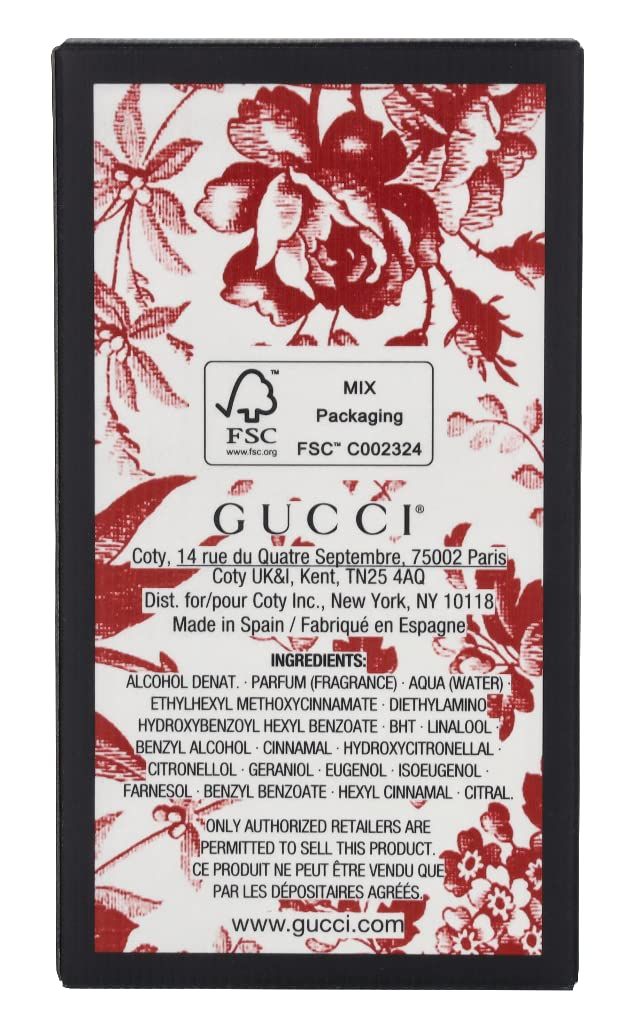 Rückseite der Gucci Eau de Parfum Verpackung mit Inhaltsstoffen.
