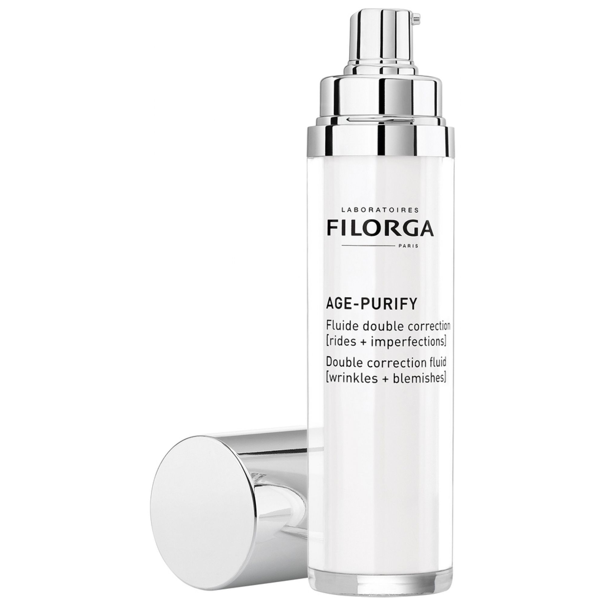 Filorga Age-Purify Fluid Spender mit silbernem Pumpaufsatz und Kappe.