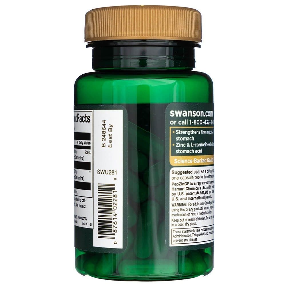 Rückseite einer grünen Dose mit Swanson Zink-Carnosin, Anwendungsratschläge und Produktinformationen.