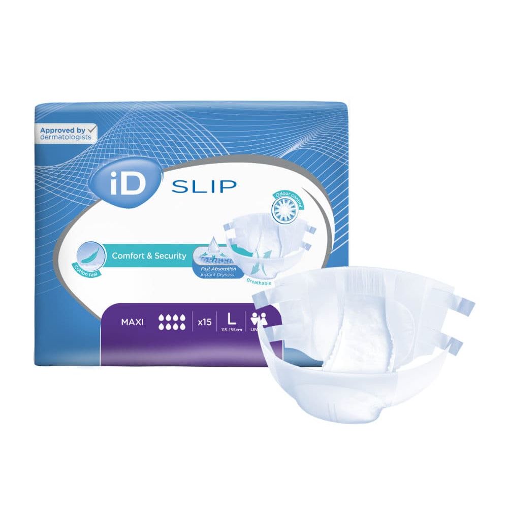 iD Slip Maxi-Packung und ein offener Slip. Weiß. Text: Comfort & Security, Fast Absorption, atmungsaktiv. Größe L, Unisex.