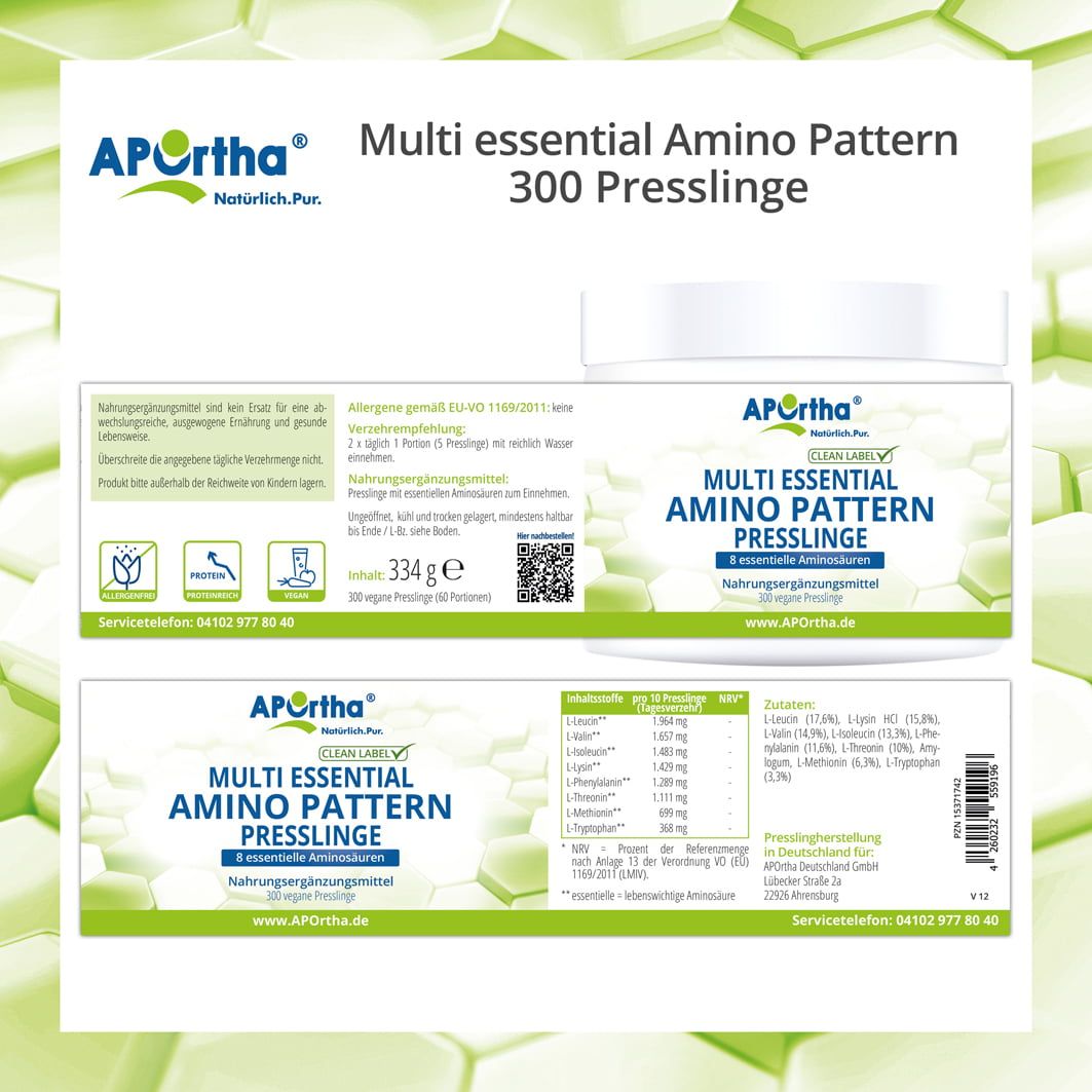 Etikett APOrtha® Multi essential Amino Pattern Presslinge. 300 Presslinge. Nährwertangaben, Inhaltsstoffe, QR-Code.