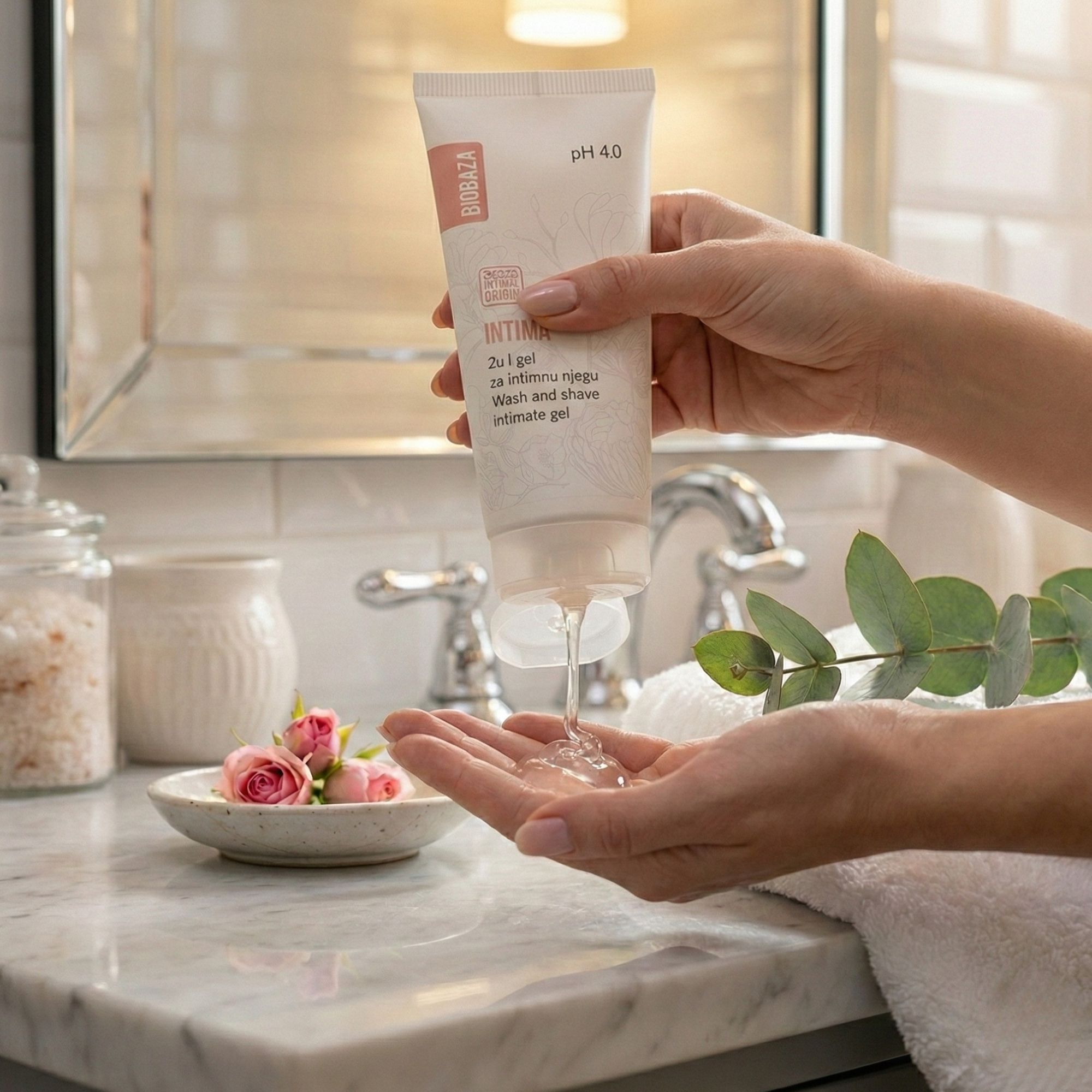 Weiß-rosa Tube, Produkt Intim-Waschgel, wird in Hand gehalten. Gel fließt in die Handfläche. Im Hintergrund Spiegel und Bad-Accessoires.