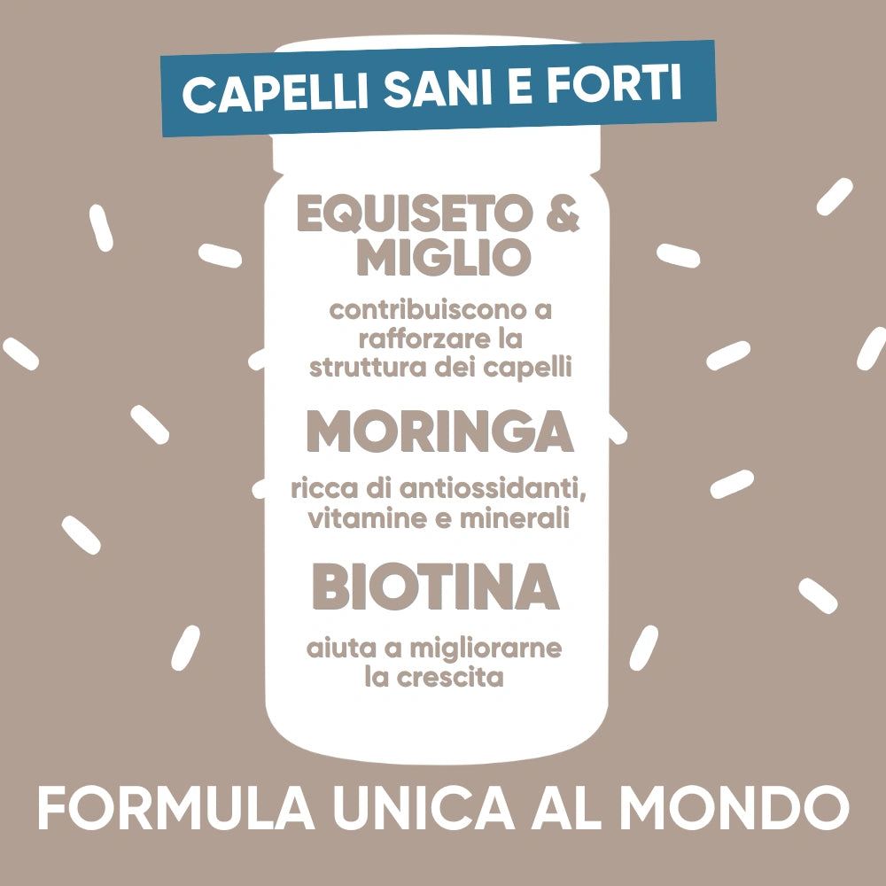 Infografik mit Text: Equiseto & Miglio, Moringa, Biotina. Formel für gesunde und kräftige Haare. Einzigartige Formel.