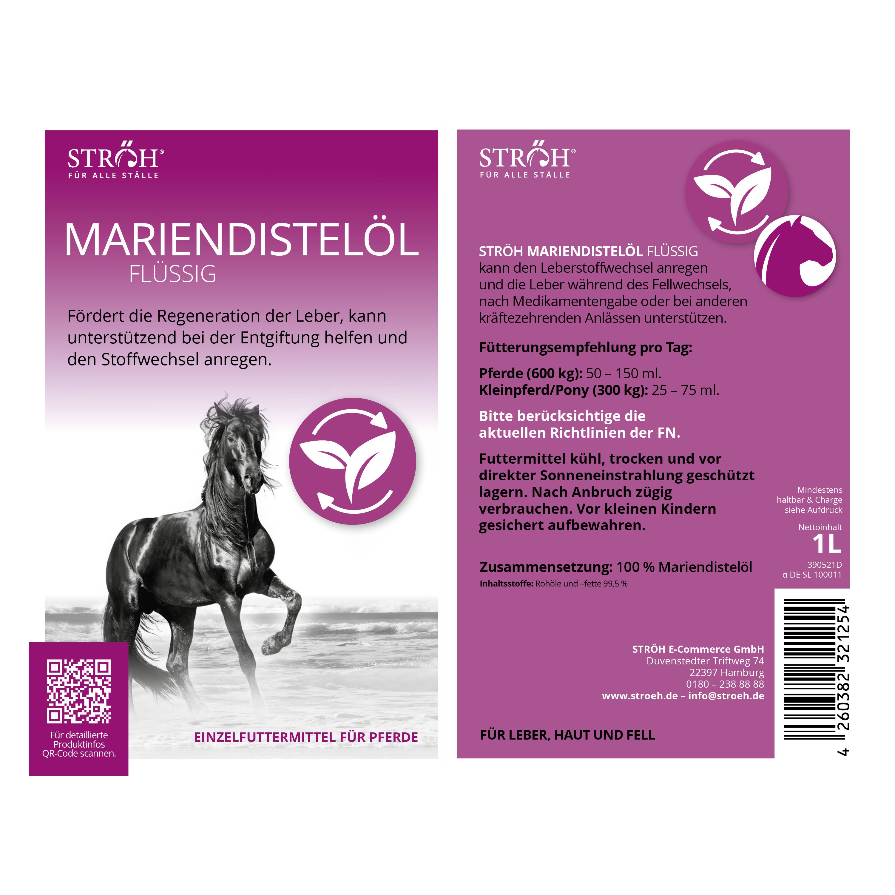 Mariendistelöl Flüssig-Packung. Lila Etikett mit Pferd, Logo und Text. 1L-Flasche. QR-Code.