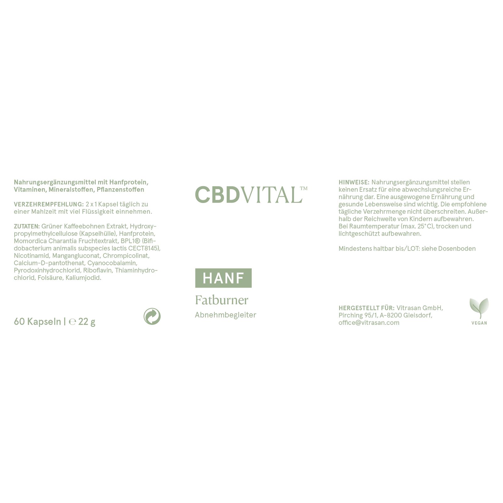 Kapseln-Packung mit Text. CBDVITAL-Logo, HANF Fatburner. 60 Kapseln, 22g. Vegan-Siegel.