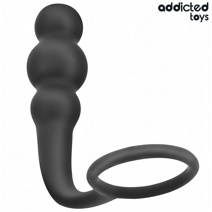 Schwarzer Analplug mit Hodenring. Silikon, mit drei Kugeln und Ring. Marke: Addicted Toys.