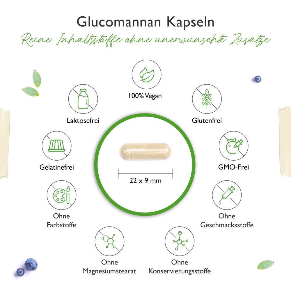 Kapsel mit den Maßen 22 x 9 mm, umgeben von Icons, die Eigenschaften wie vegan, glutenfrei, ohne Farbstoffe, etc. darstellen.