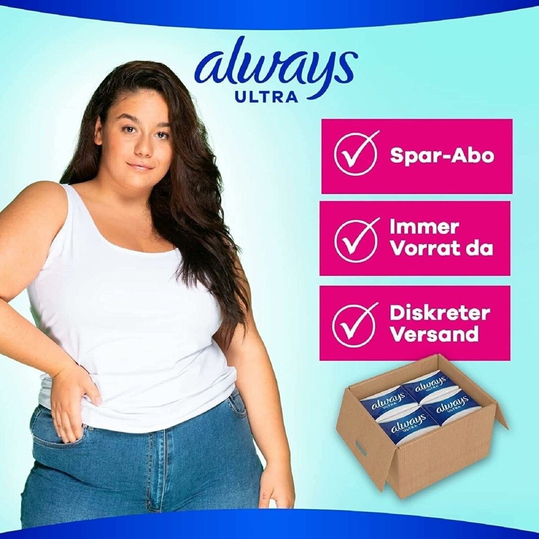 Always Ultra, Spar-Abo, immer vorrätig, diskreter Versand. Frau mit Tanktop und Jeans. Karton mit Always-Packungen.