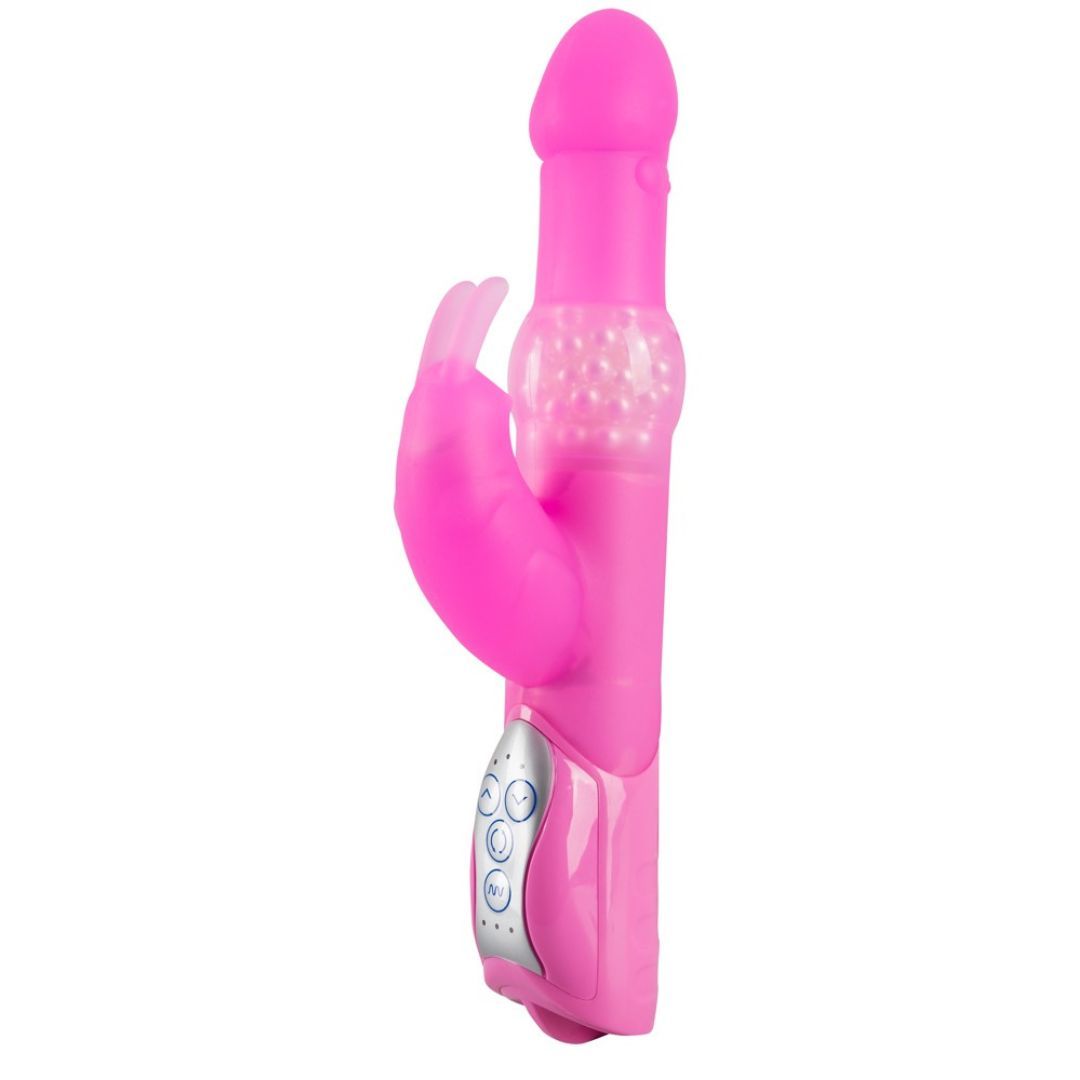 Rosa Vibrator mit Kaninchenohren-Design. Mit Bedienfeld und strukturiertem Mittelteil.