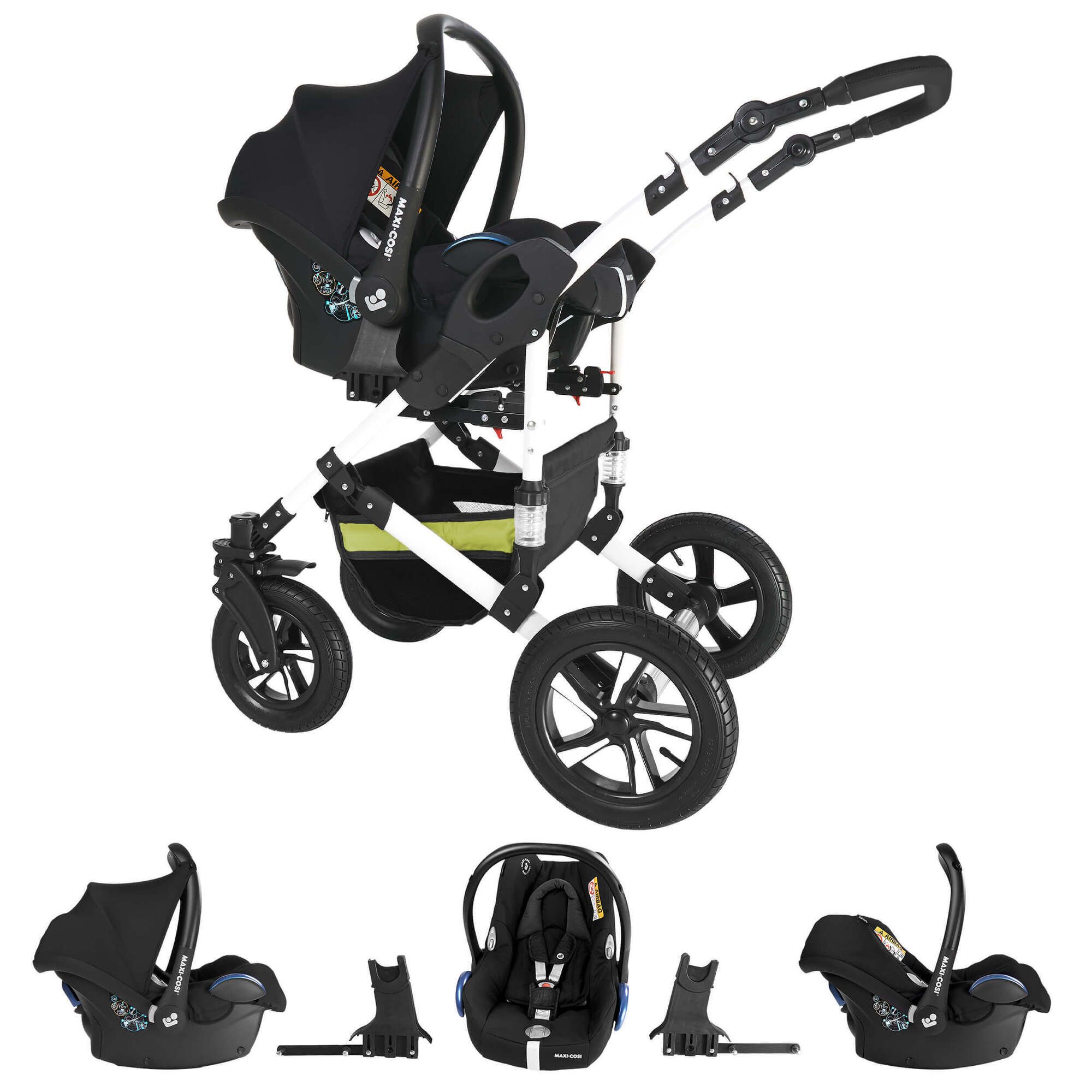 Friedrich Hugo Hamburg 4 in 1 Kinderwagen Set inkl. Maxi Cosi & FamilyFix Station, Luft Grey & Green